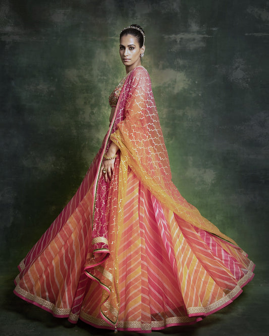 Multicolor “leheriya” print organza lehenga