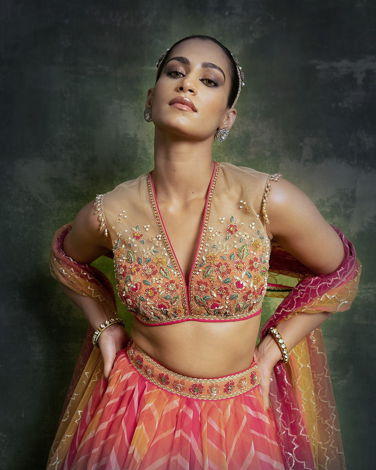 Multicolor “leheriya” print organza lehenga