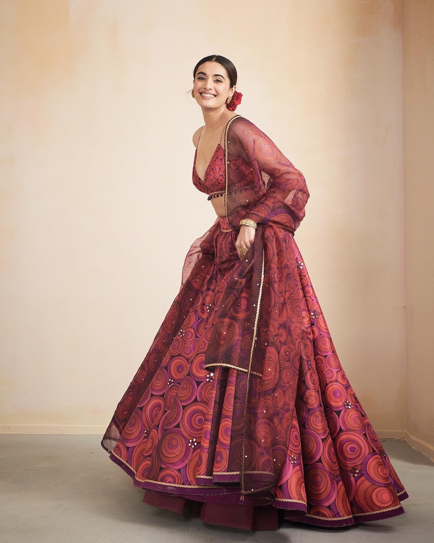 Orbit print lehenga with mirror embroidery