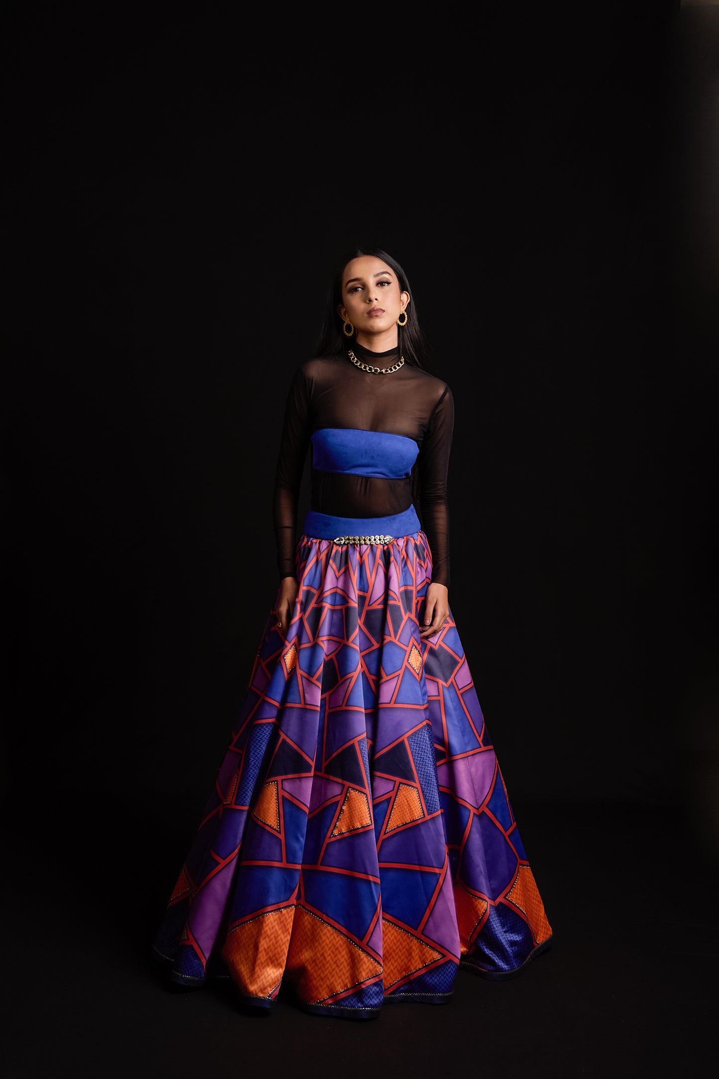 Mosaic print satin lehenga with suede bustier