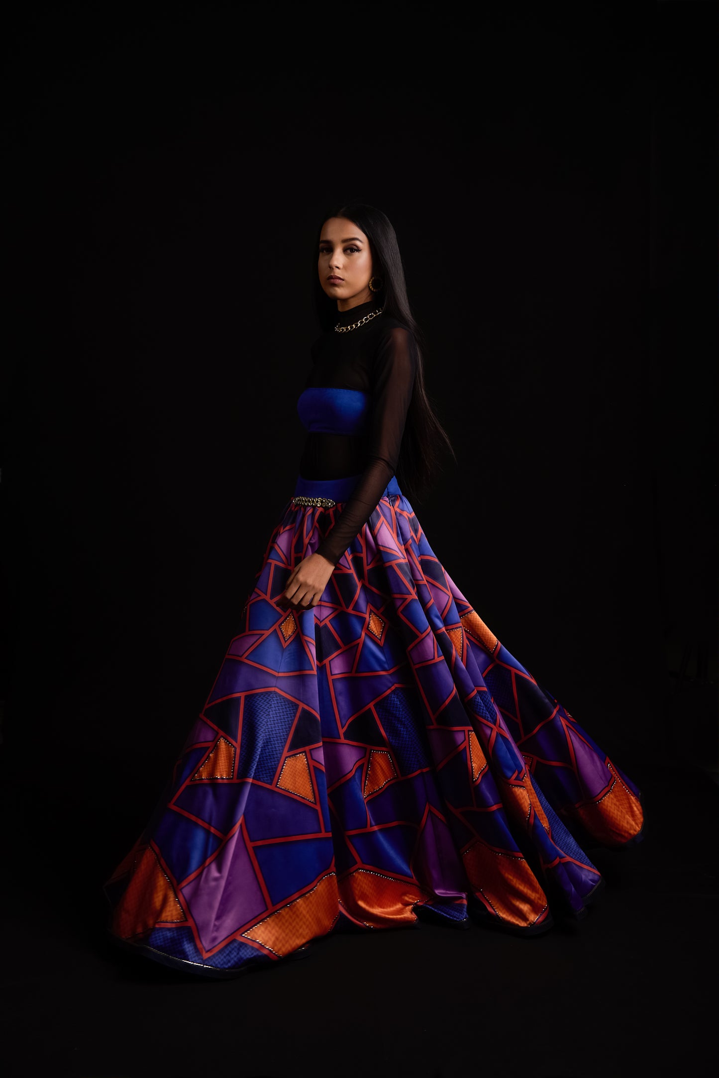 Mosaic print satin lehenga with suede bustier
