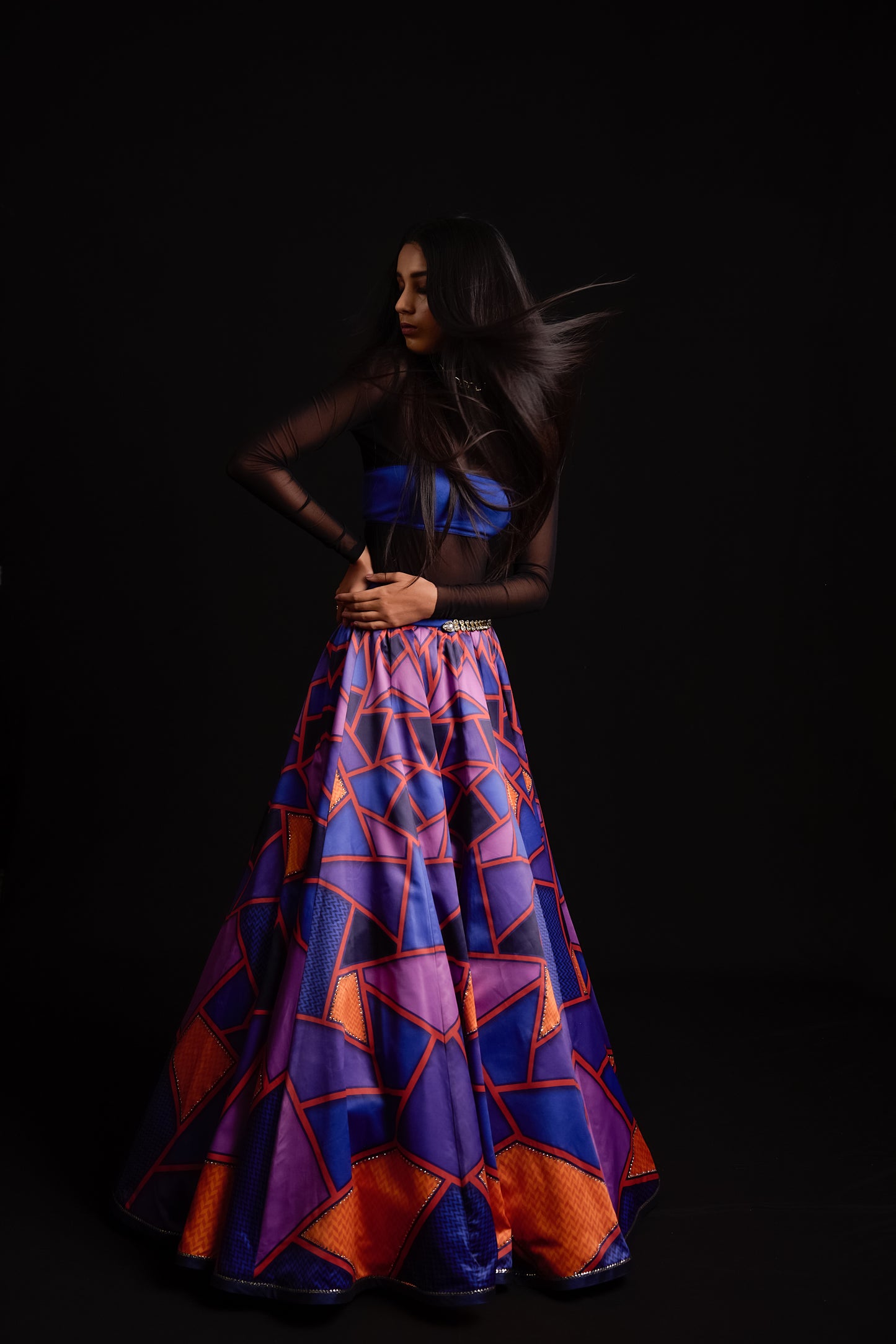 Mosaic print satin lehenga with suede bustier