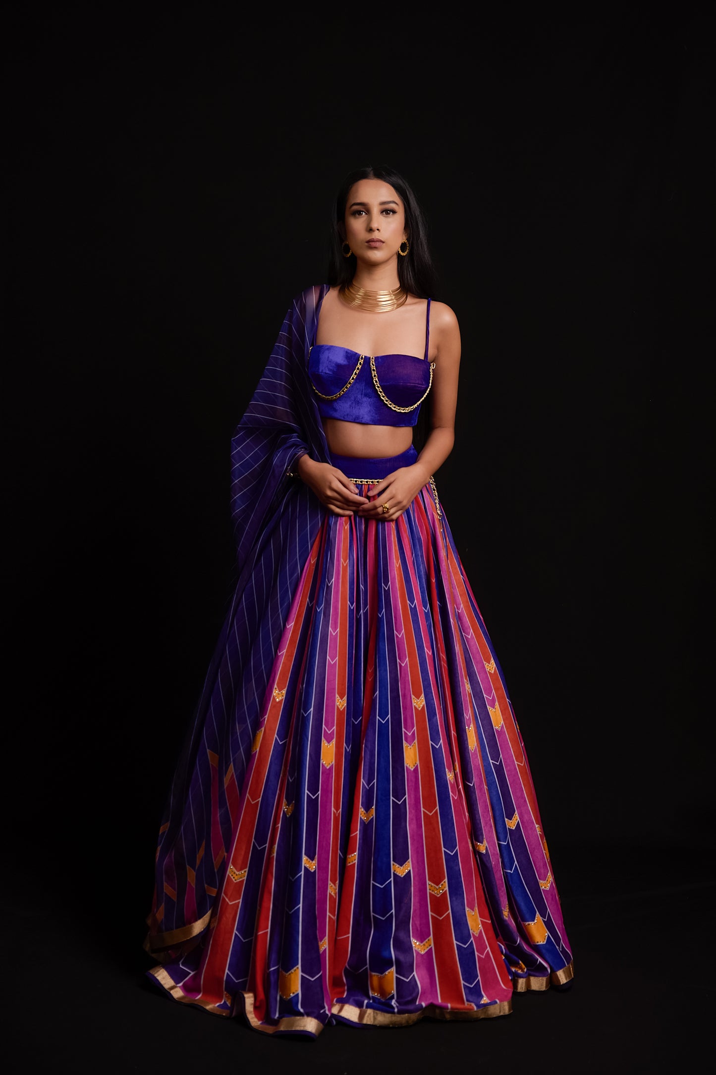 Multi colour stripe print velvet lehenga