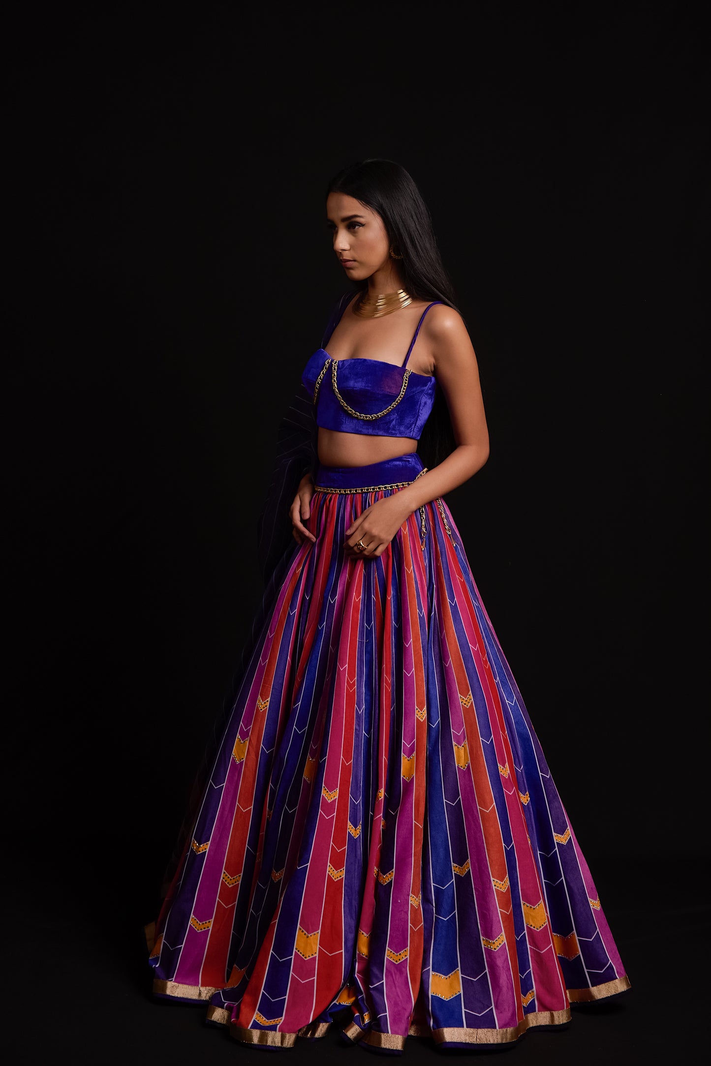 Multi colour stripe print velvet lehenga