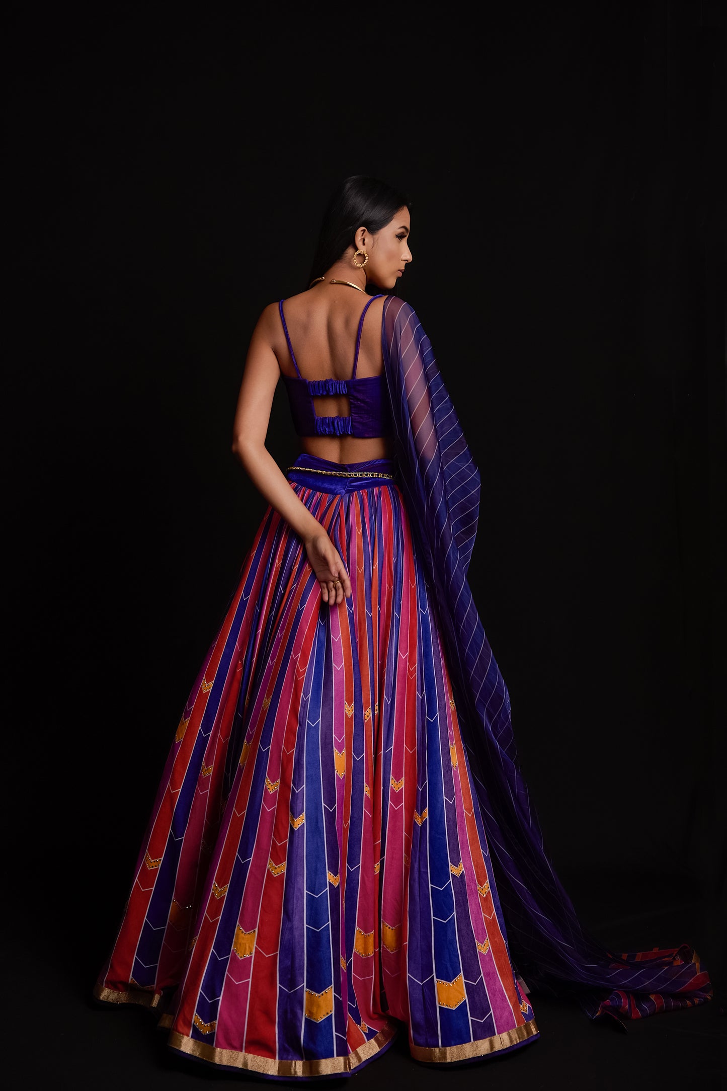 Multi colour stripe print velvet lehenga