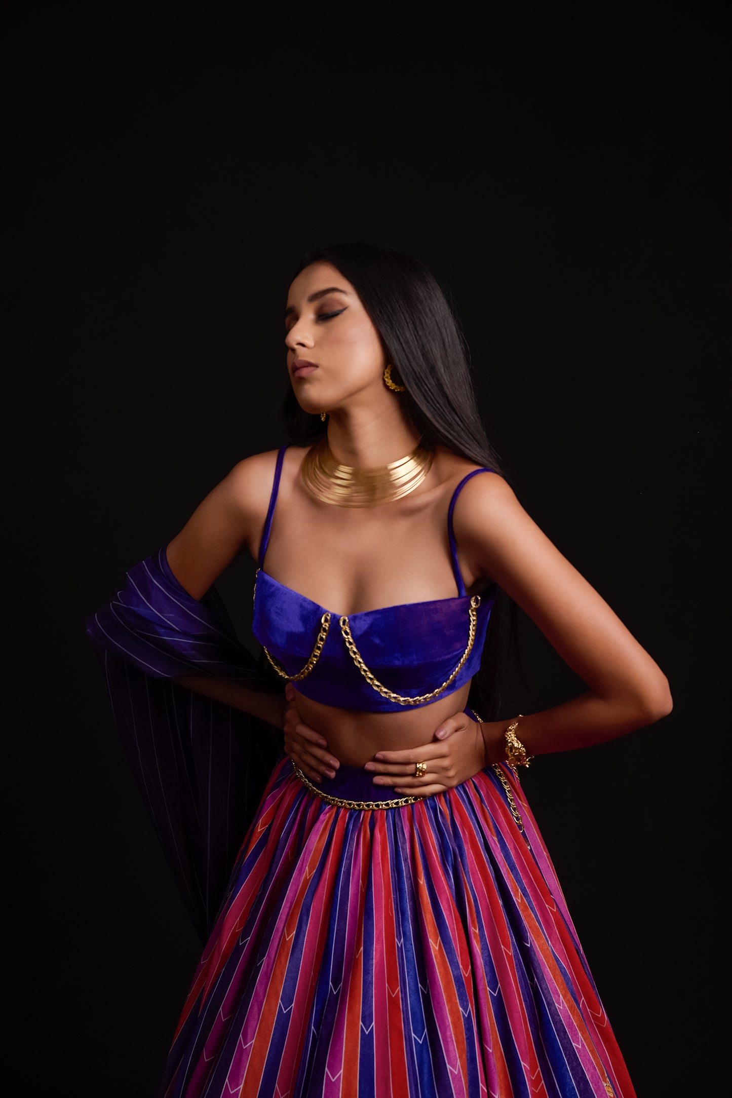 Multi colour stripe print velvet lehenga