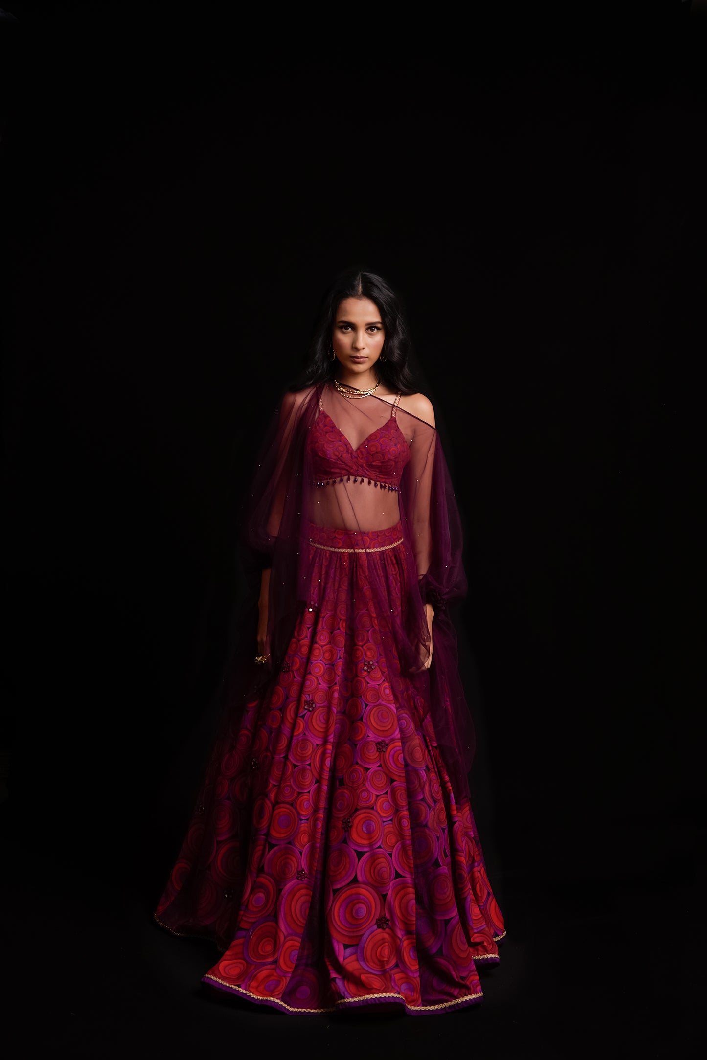 Multi colour orbit print velvet lehenga