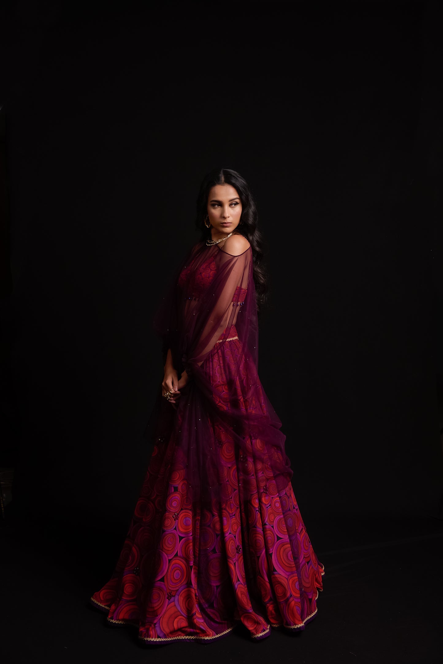 Multi colour orbit print velvet lehenga