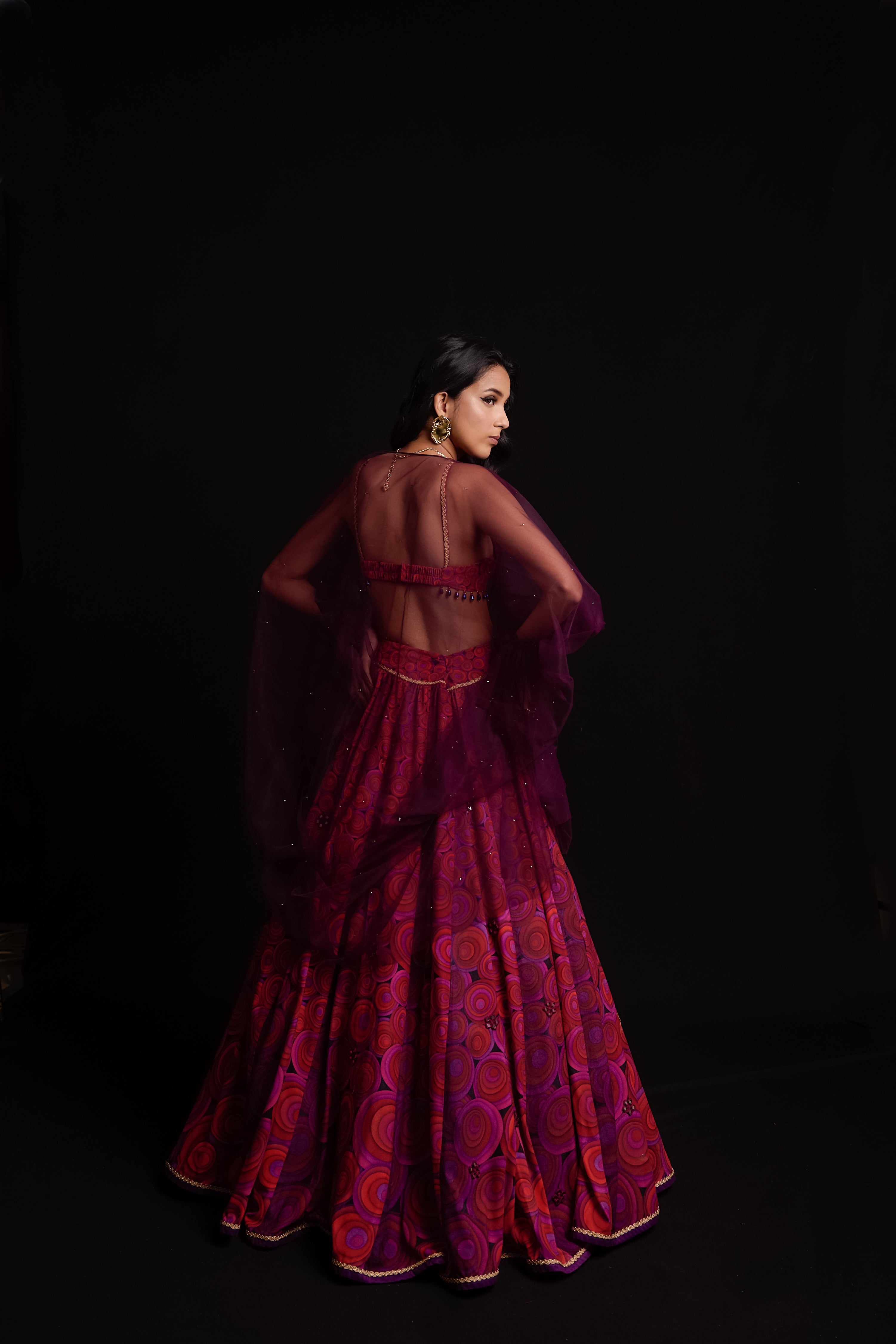 Multi colour orbit print velvet lehenga