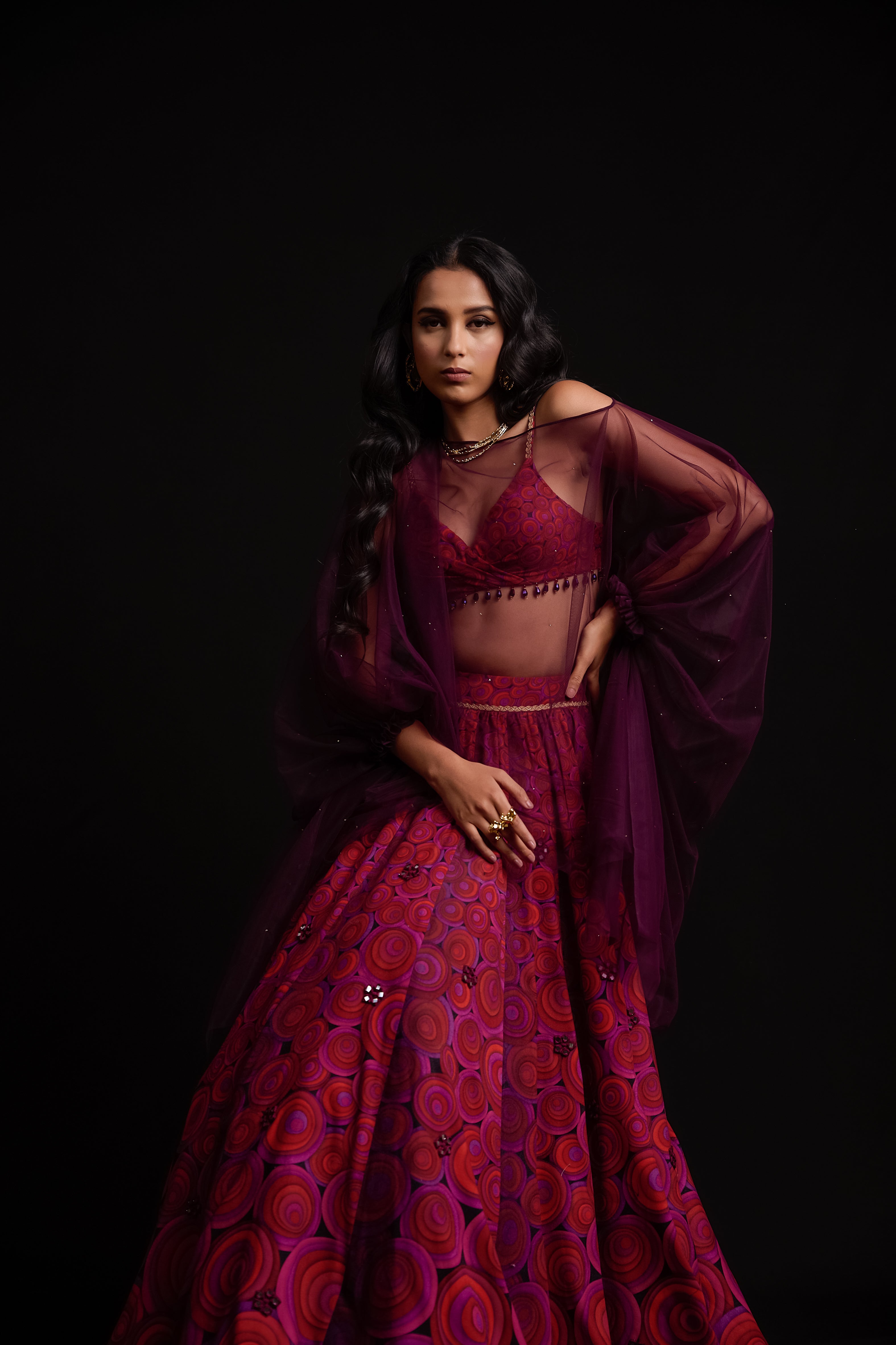 Multi colour orbit print velvet lehenga