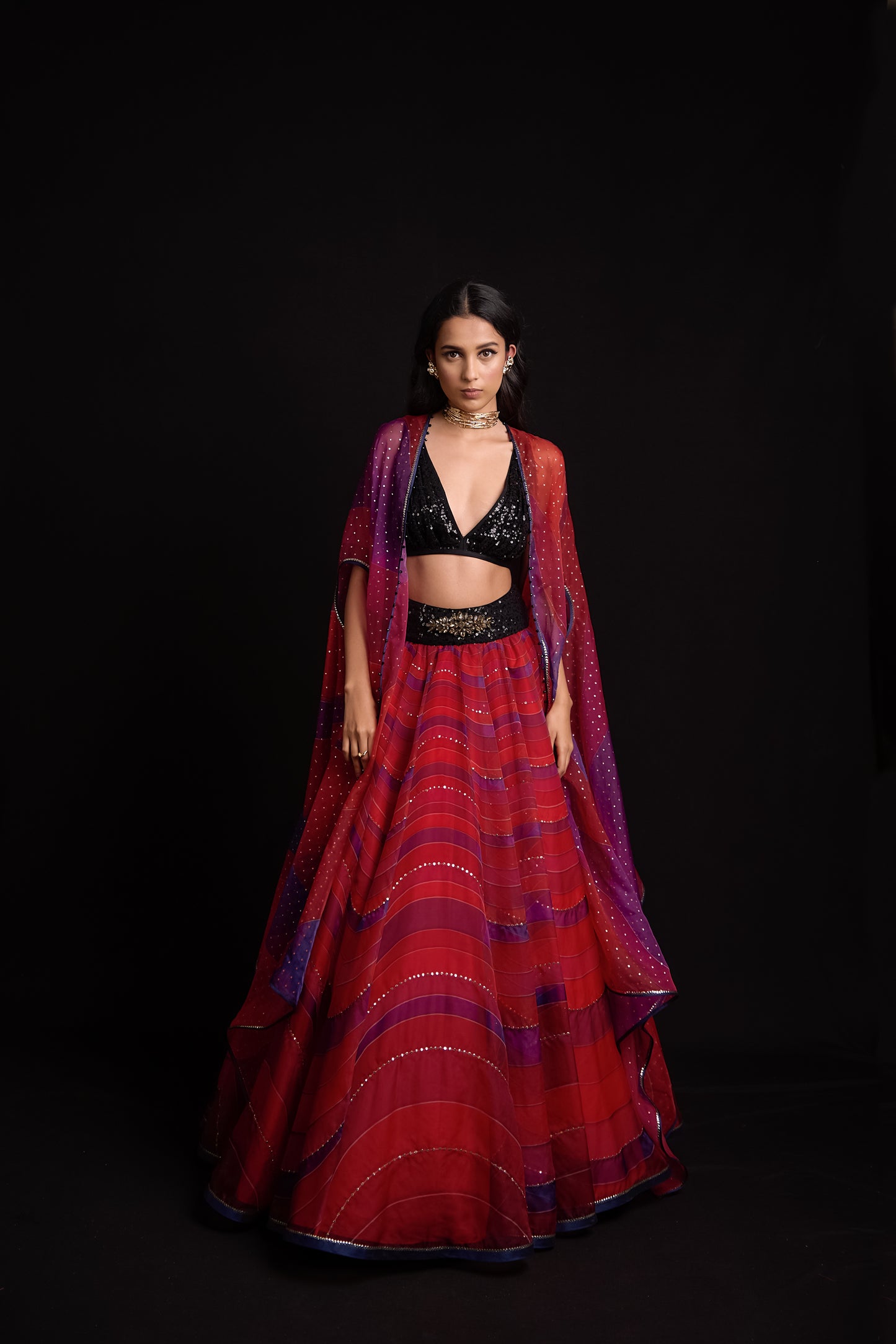 Red and blue waves print lehenga