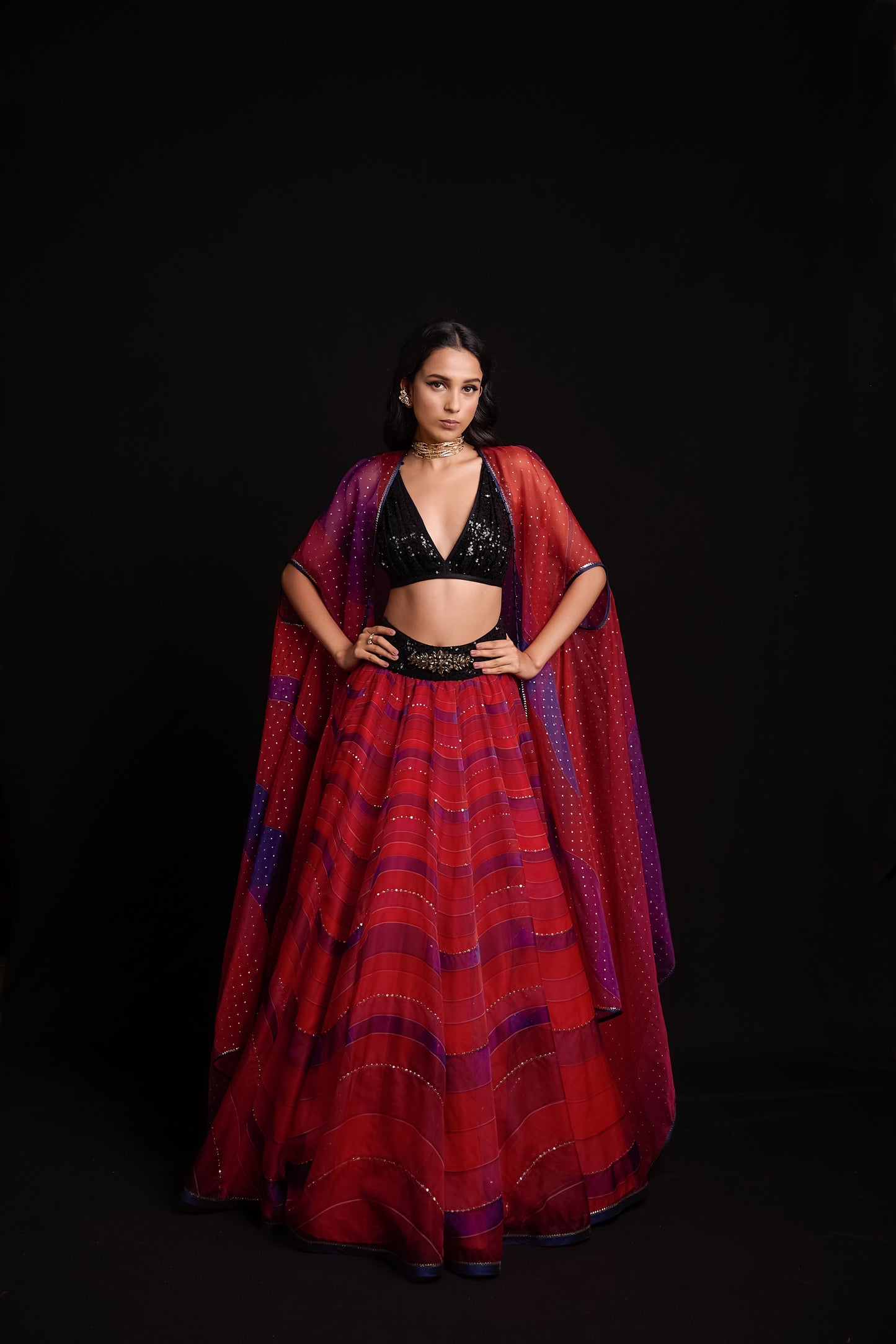 Red and blue waves print lehenga