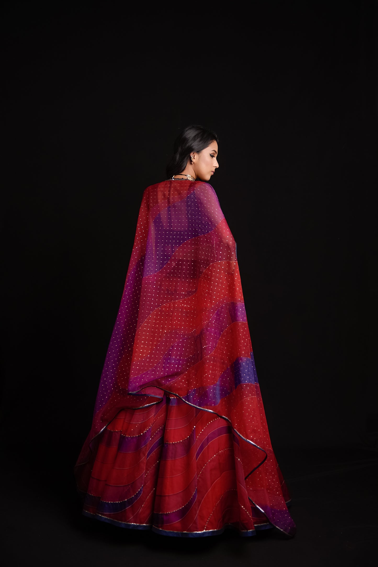 Red and blue waves print lehenga