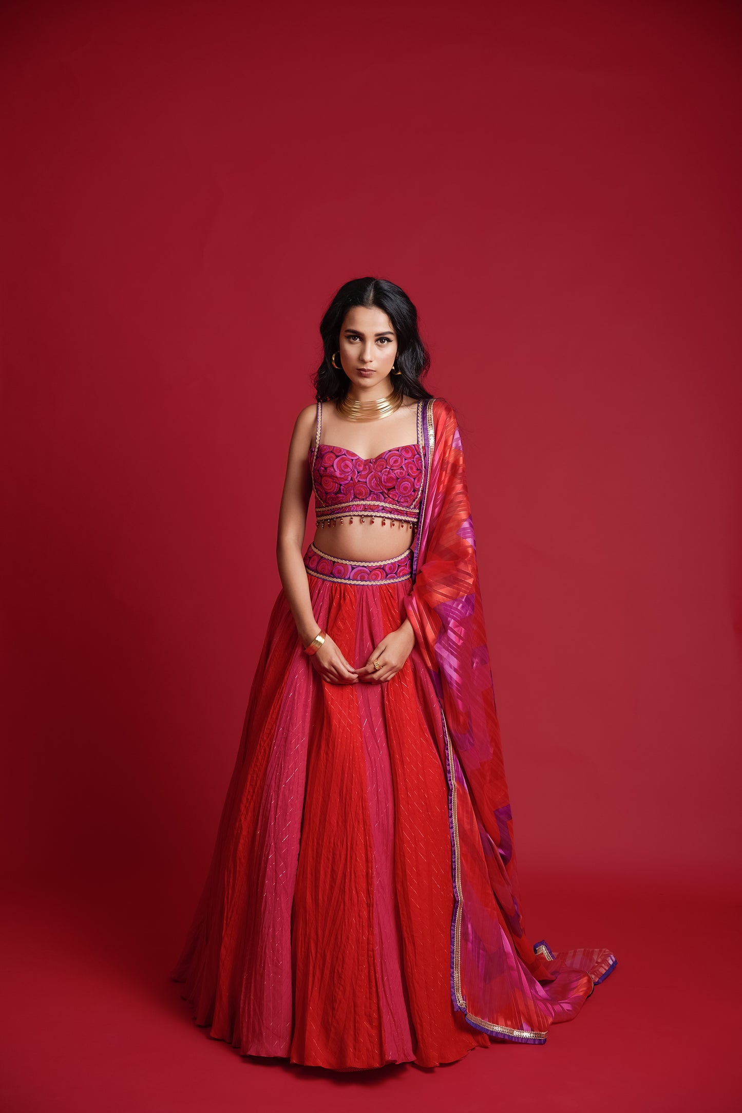 Red and fuchsia crinkled lehenga