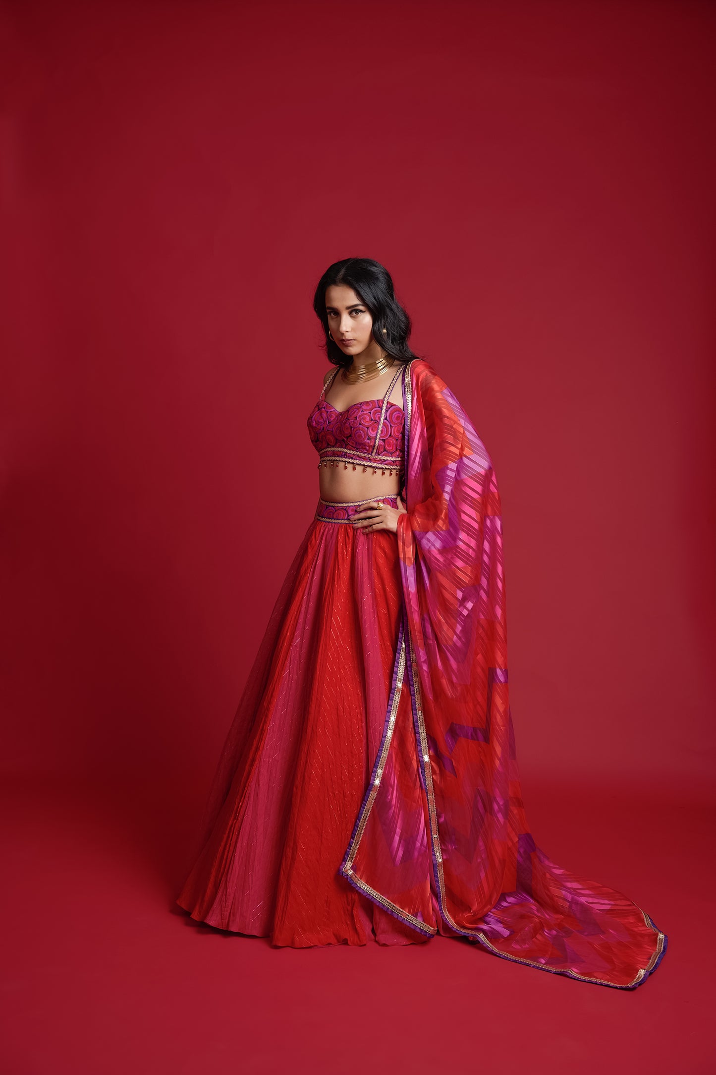 Red and fuchsia crinkled lehenga