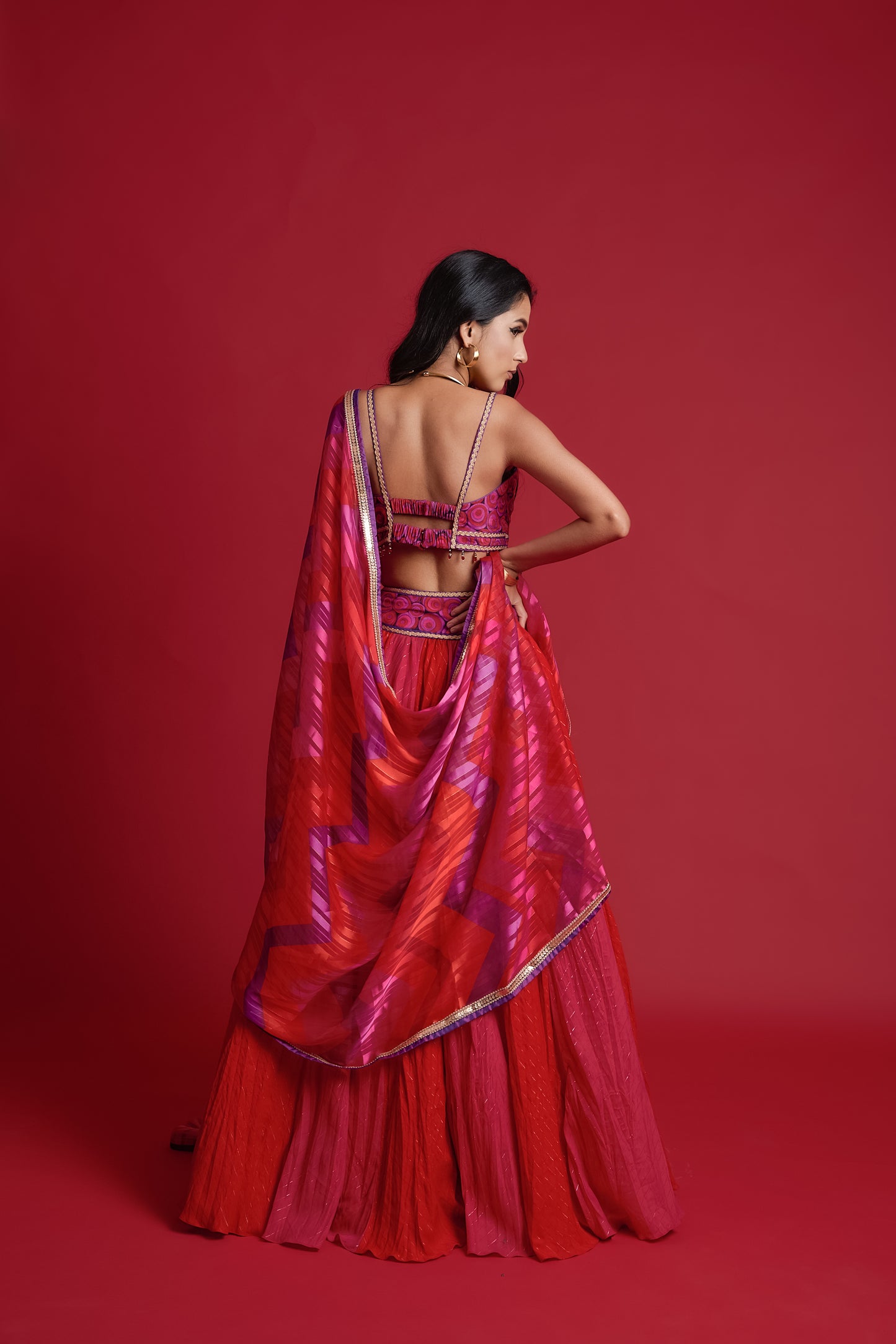 Red and fuchsia crinkled lehenga