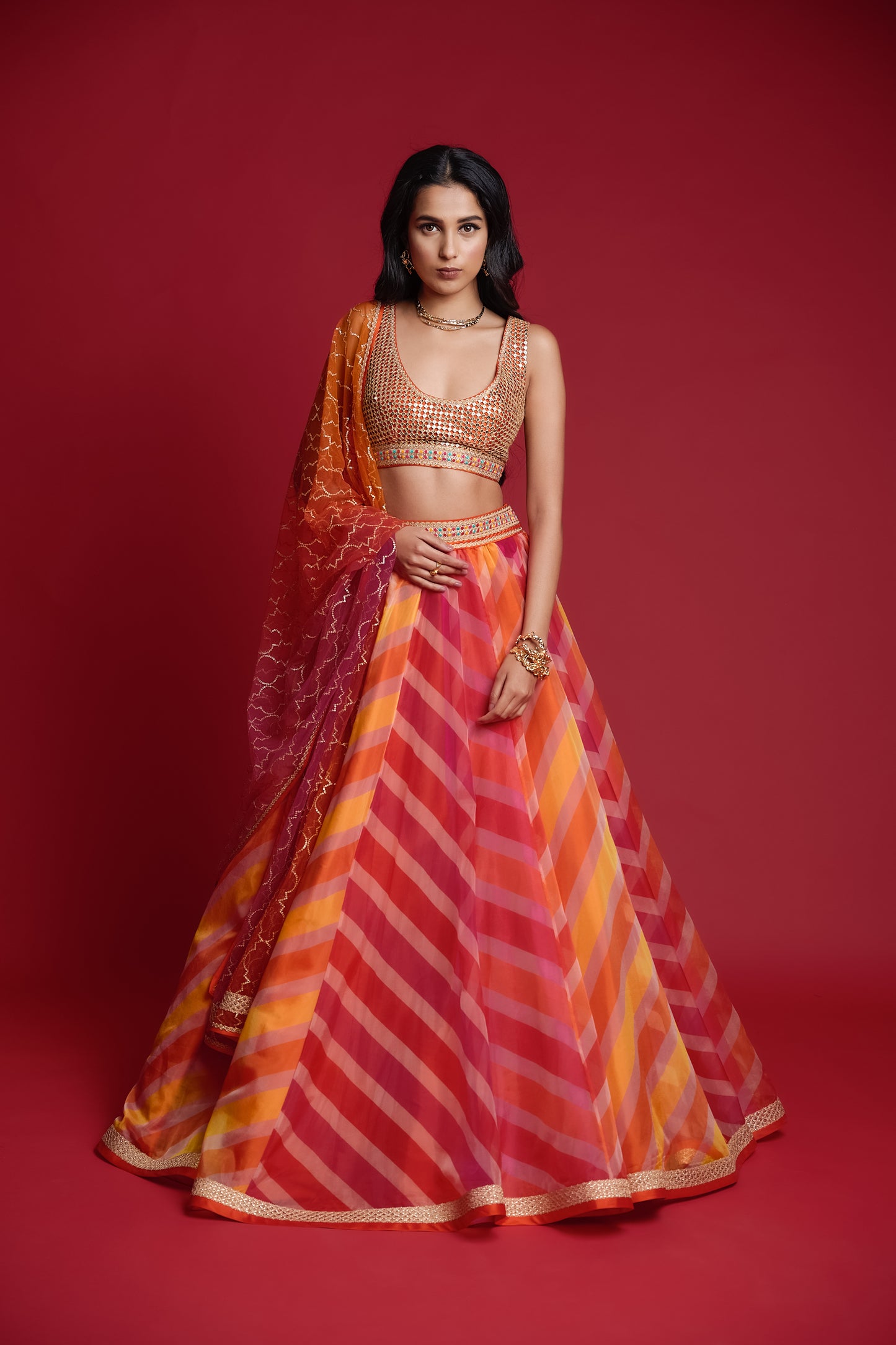 Multicolor “leheria” print organza lehenga