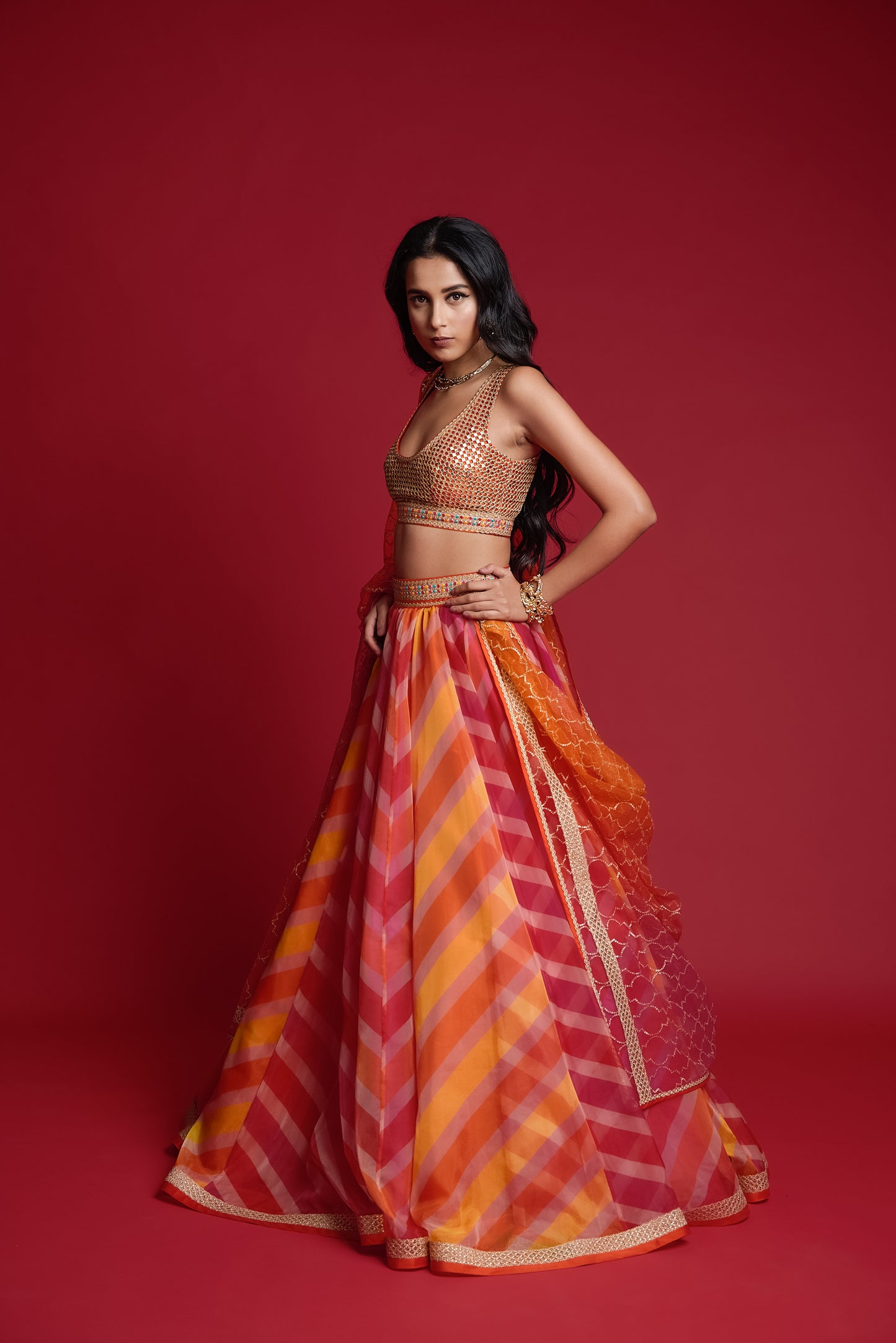 Multicolor “leheria” print organza lehenga