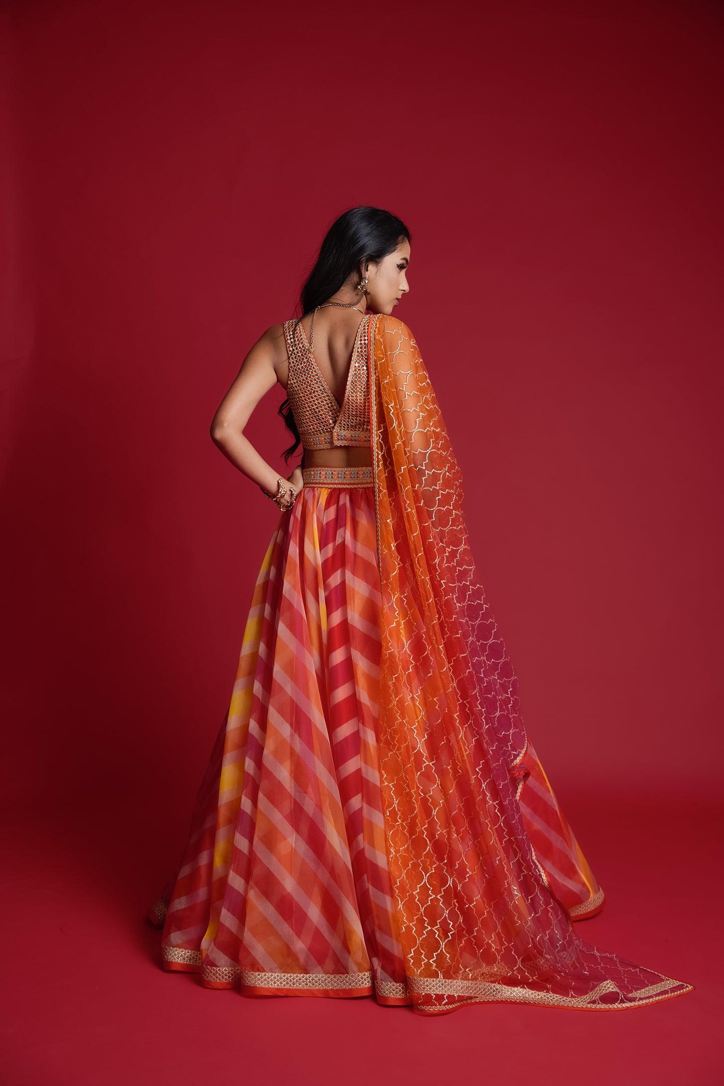 Multicolor “leheria” print organza lehenga