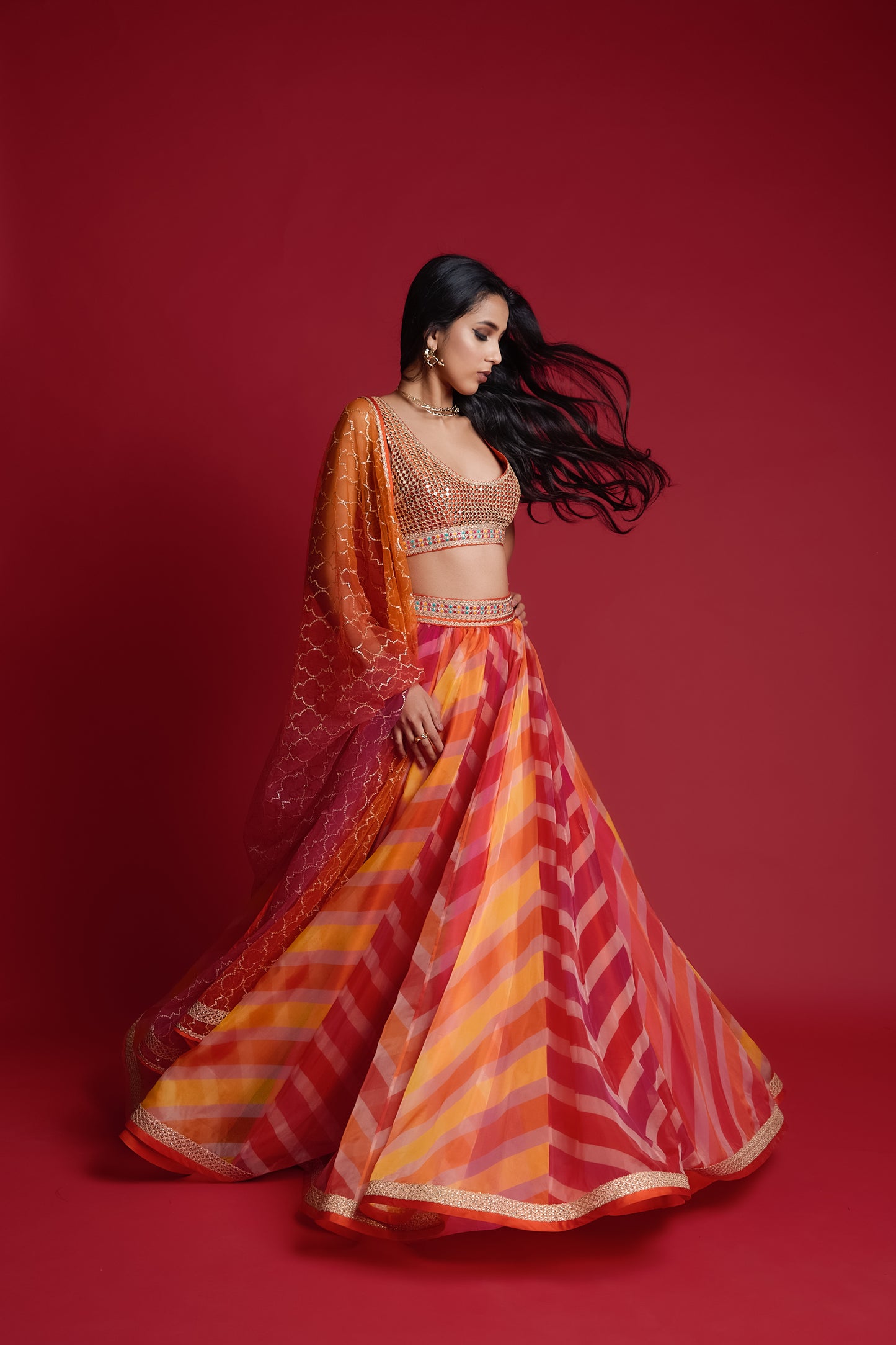 Multicolor “leheria” print organza lehenga