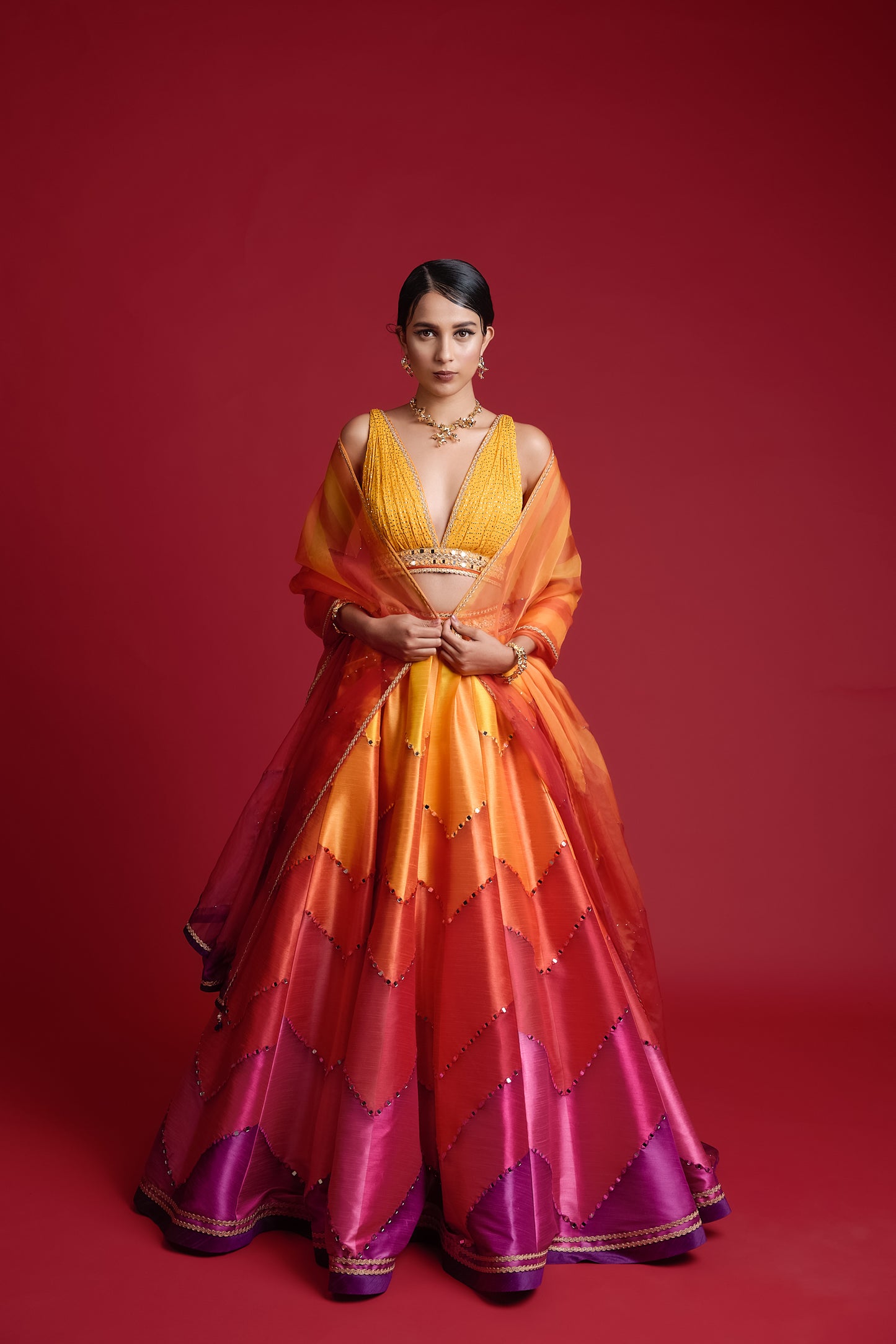 Multi coloured broken chevron dupion lehenga