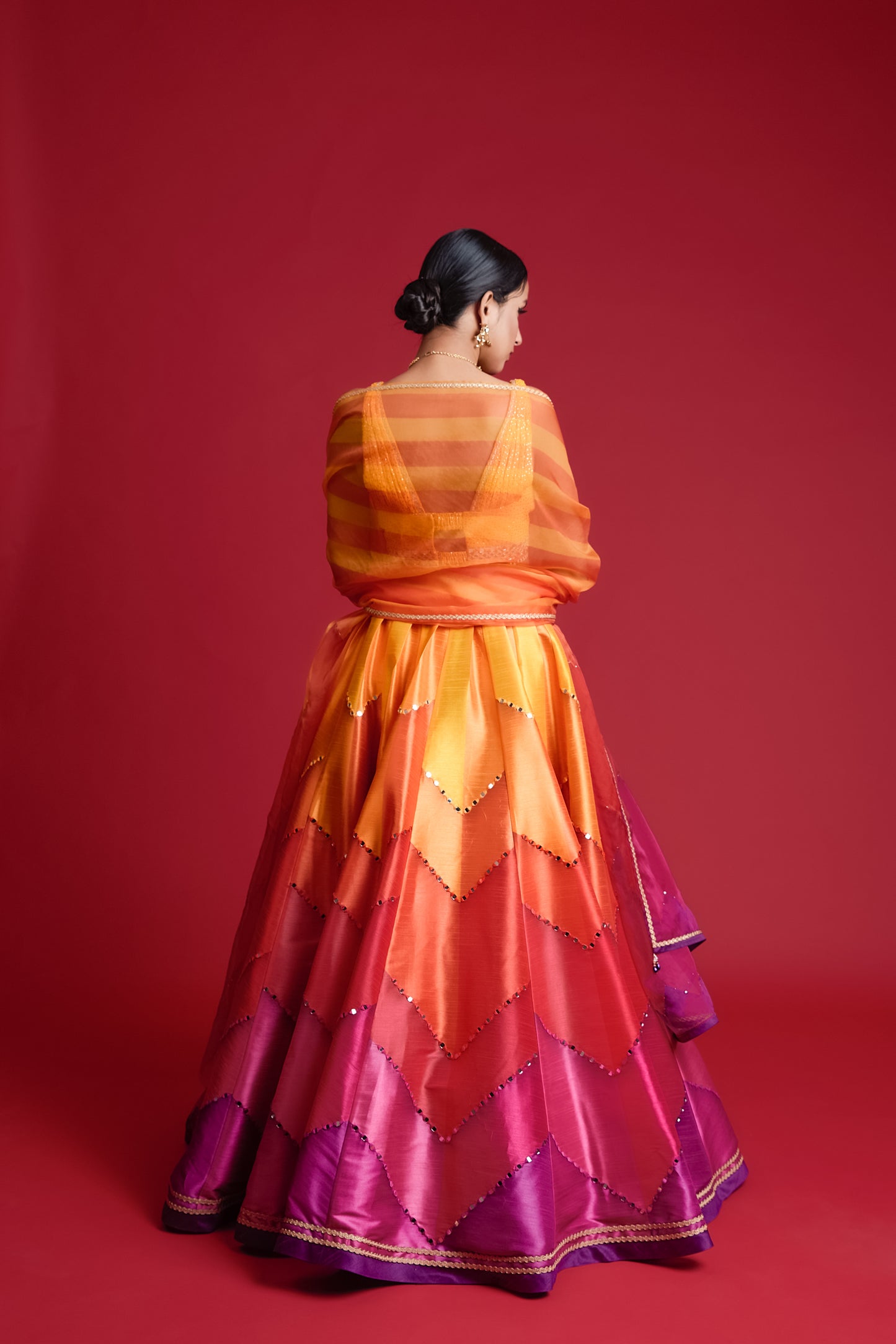 Multi coloured broken chevron dupion lehenga