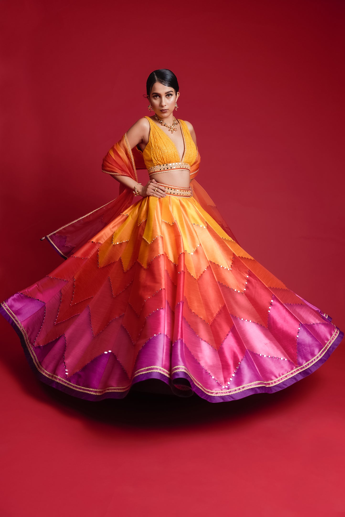Multi coloured broken chevron dupion lehenga