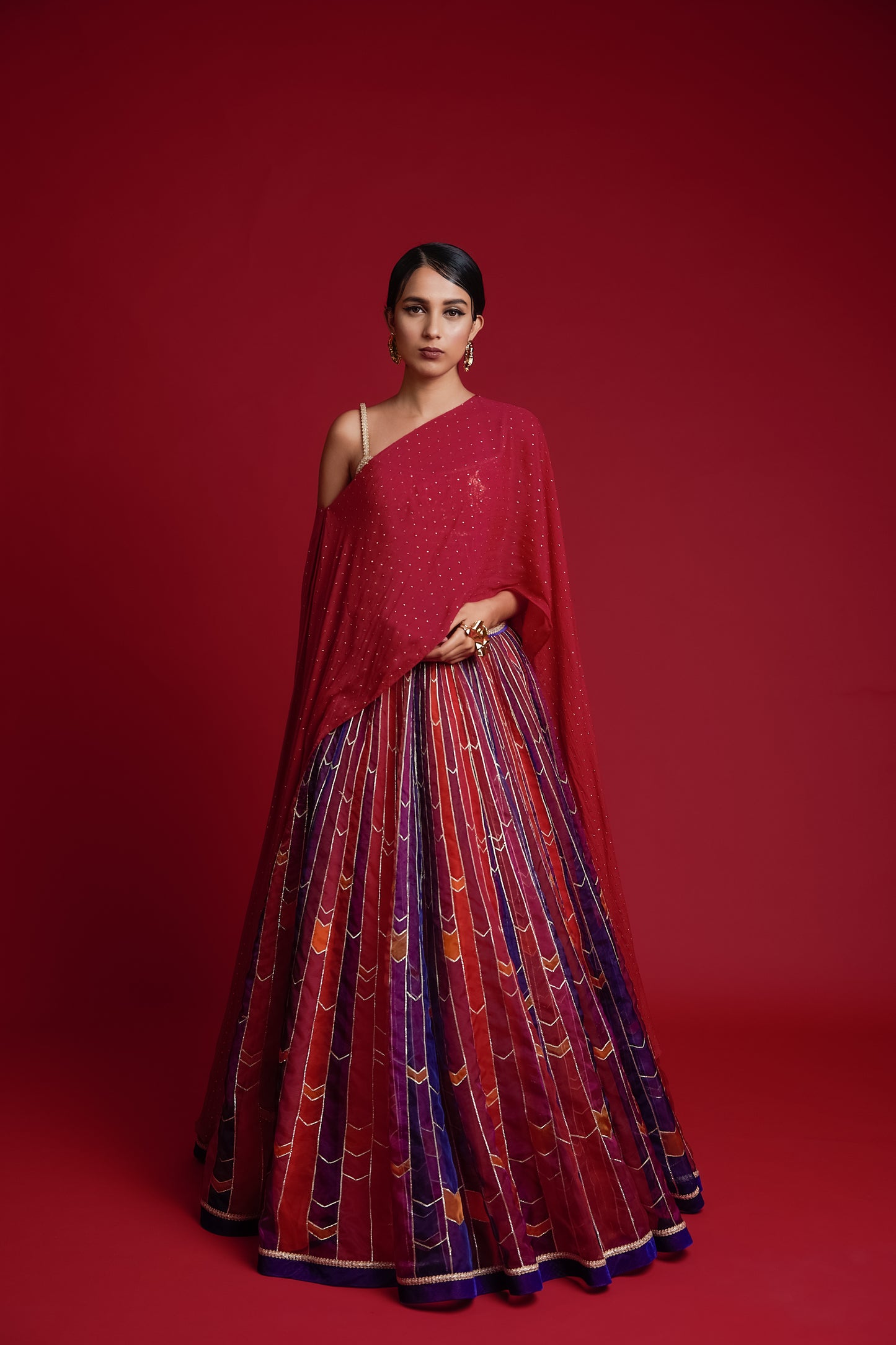 Multi coloured stripe print organza lehenga