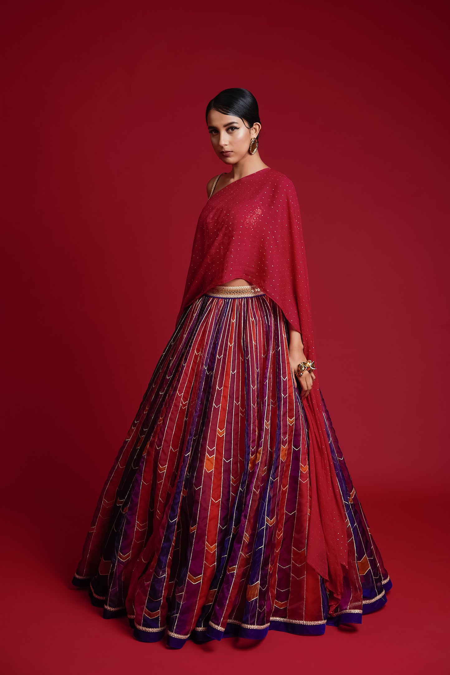 Multi coloured stripe print organza lehenga