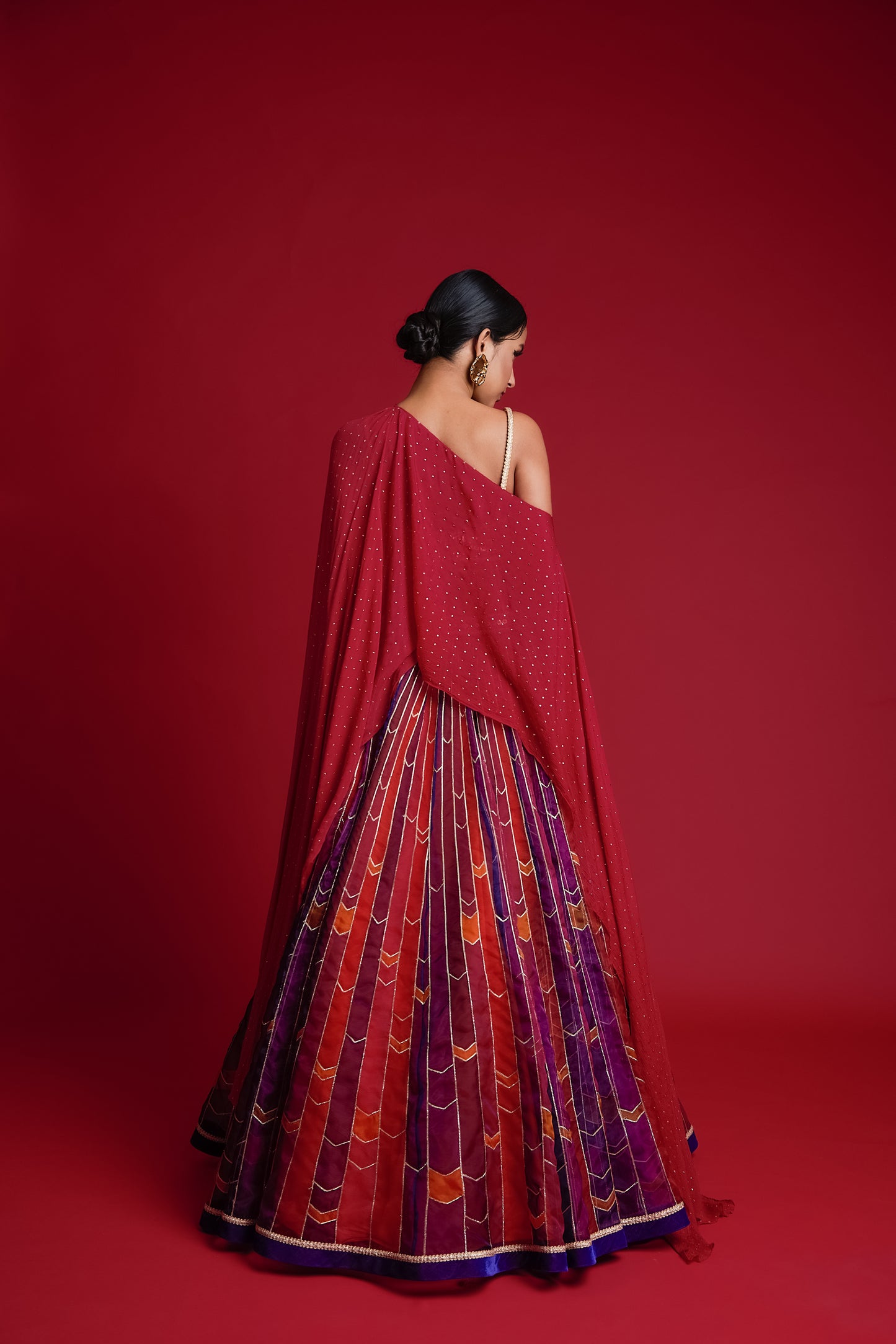 Multi coloured stripe print organza lehenga