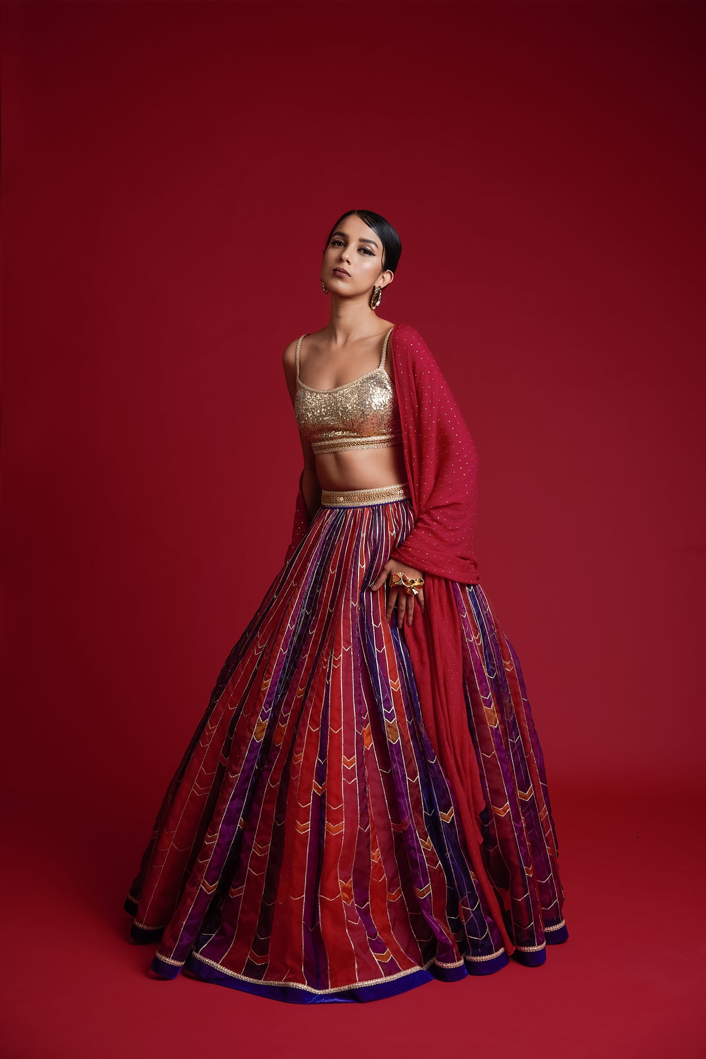 Multi coloured stripe print organza lehenga