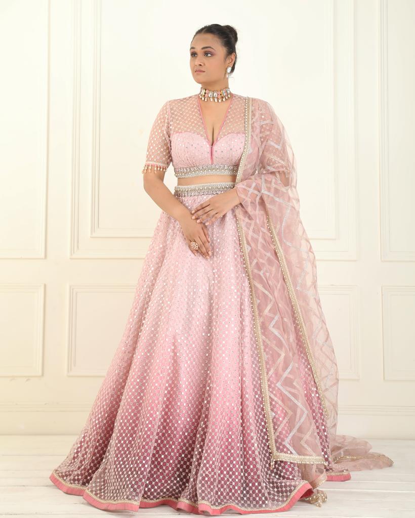 Petal pink shaded embroidered tulle lehenga