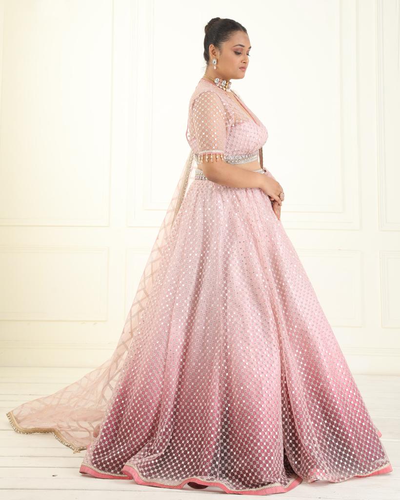 Petal pink shaded embroidered tulle lehenga