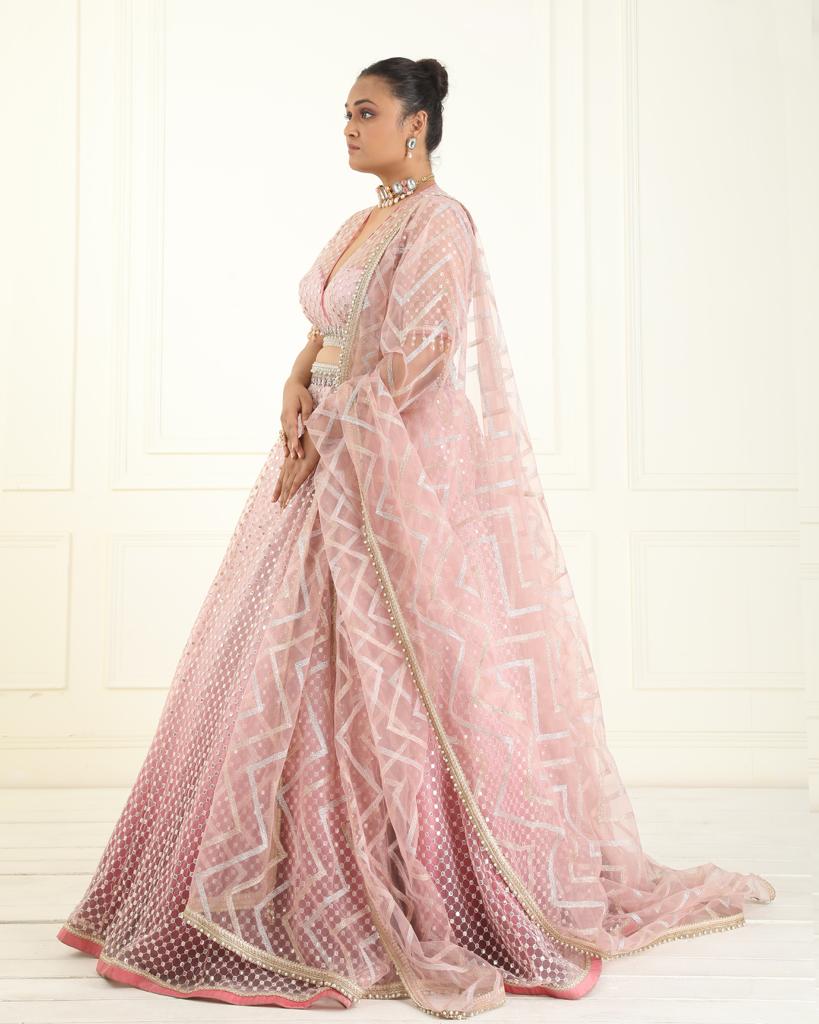 Petal pink shaded embroidered tulle lehenga