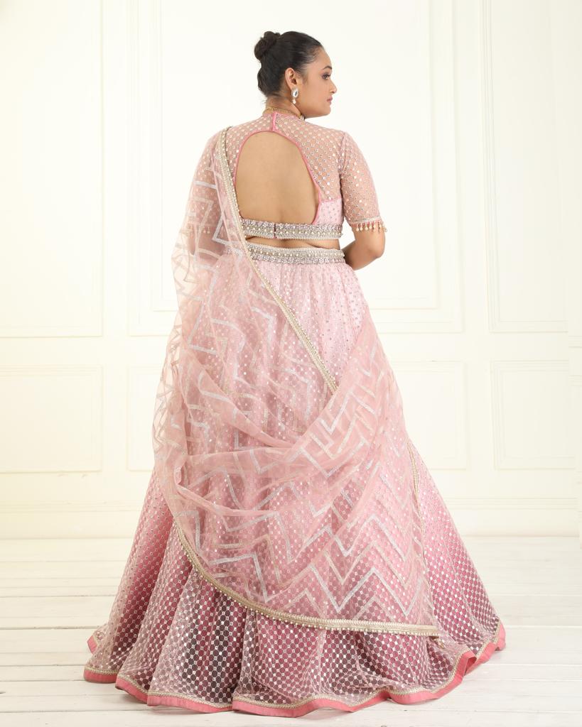 Petal pink shaded embroidered tulle lehenga