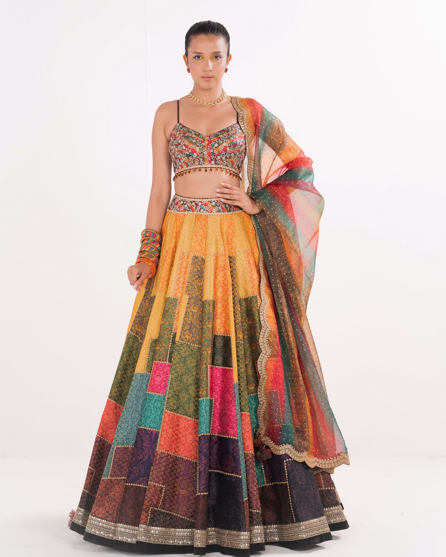 Multicolour brocade collage lehenga set