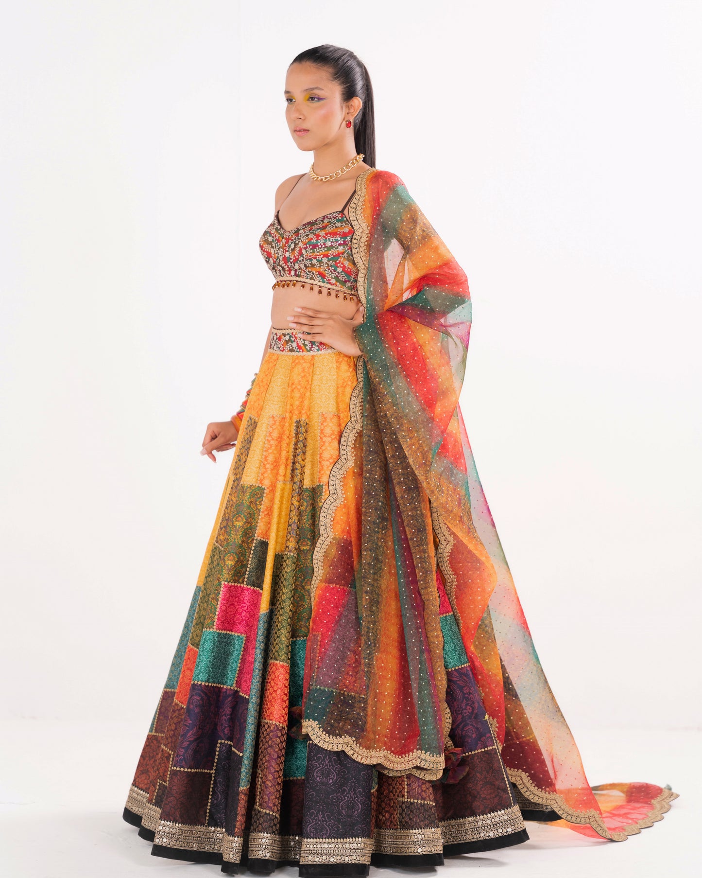 Multicolour brocade collage lehenga set