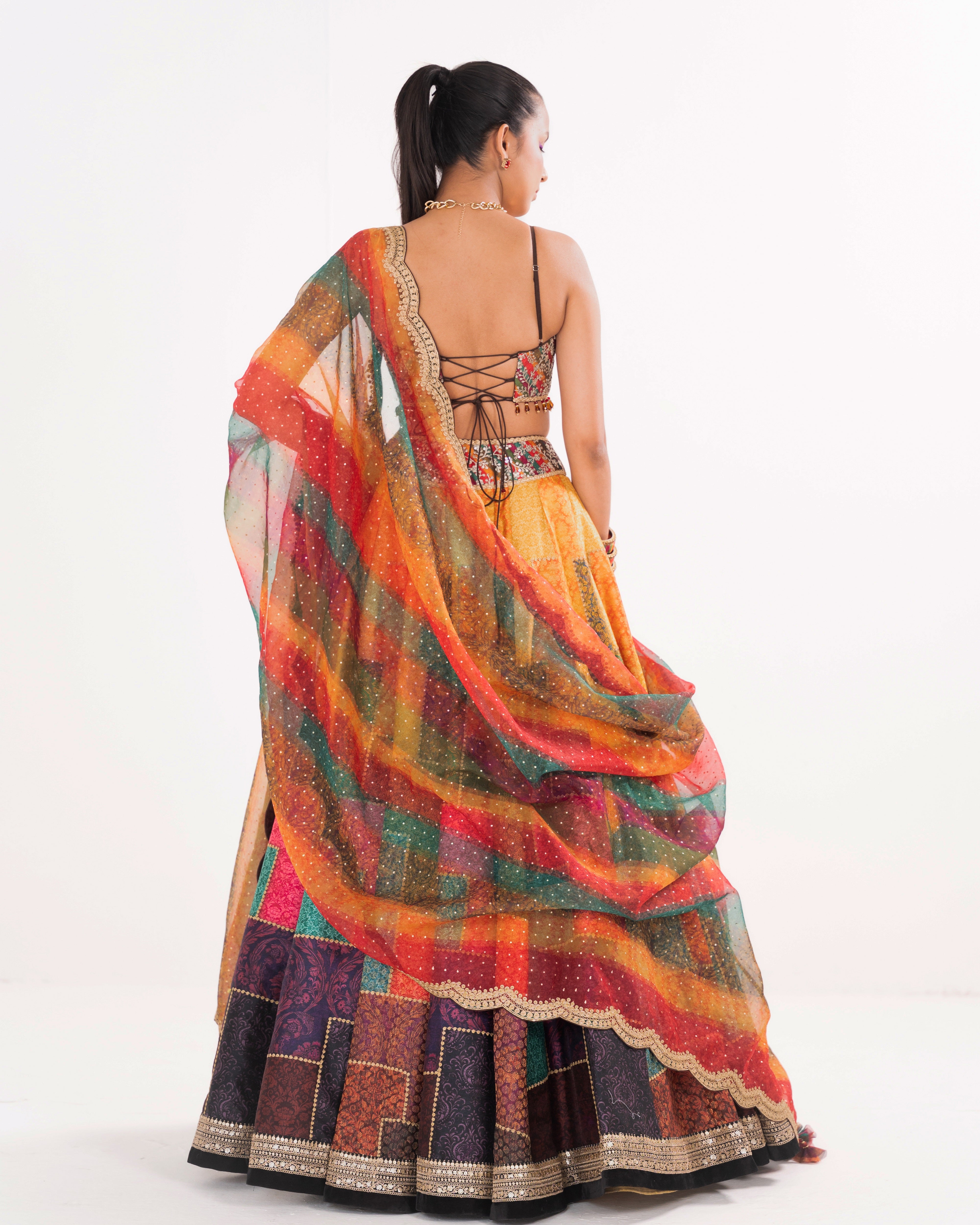 Multicolour brocade collage lehenga set