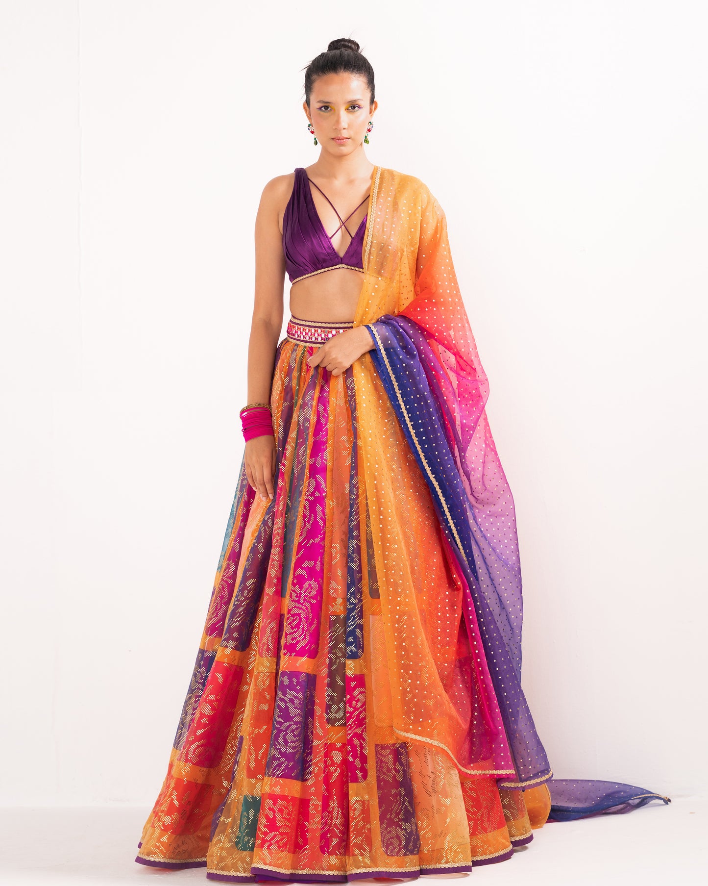 Multicolor printed blocks organza lehenga