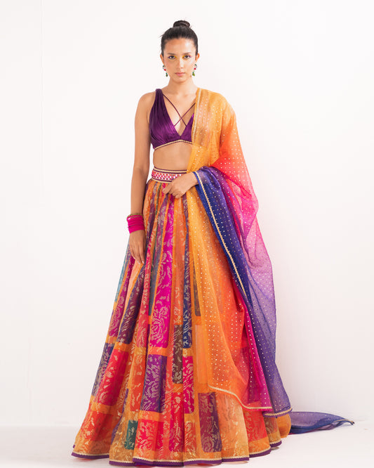 Multicolor printed blocks organza lehenga