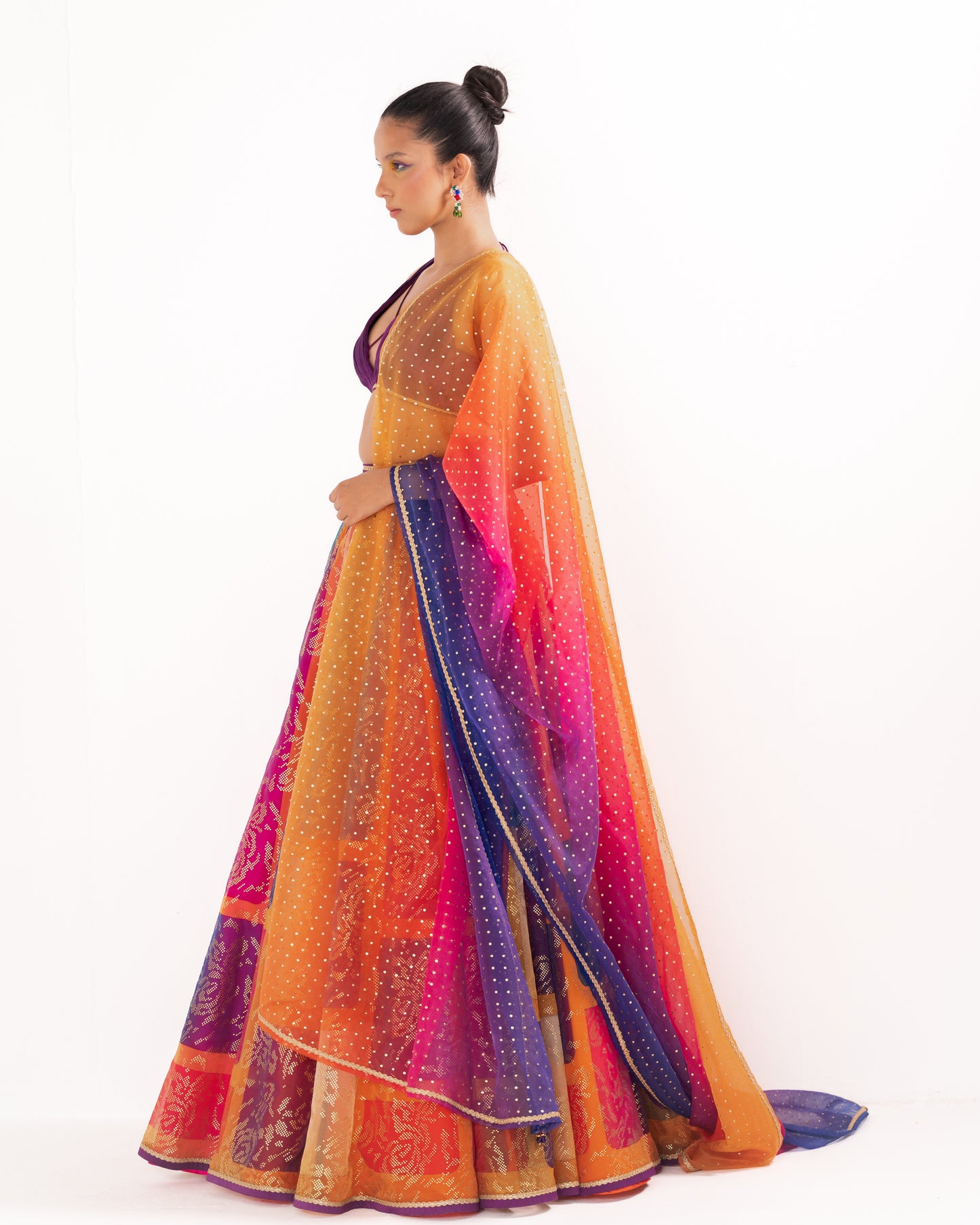 Multicolor printed blocks organza lehenga