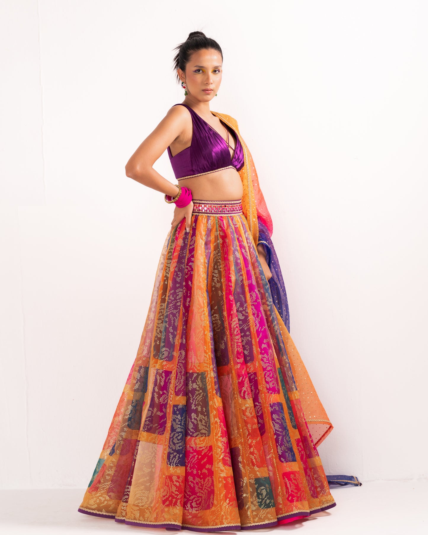 Multicolor printed blocks organza lehenga