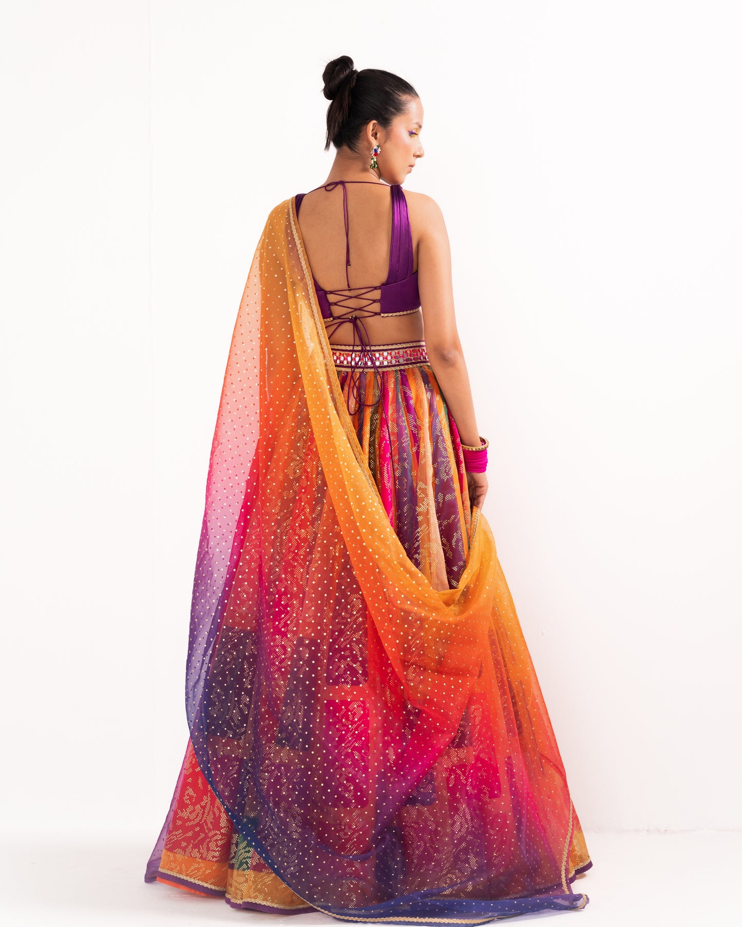Multicolor printed blocks organza lehenga
