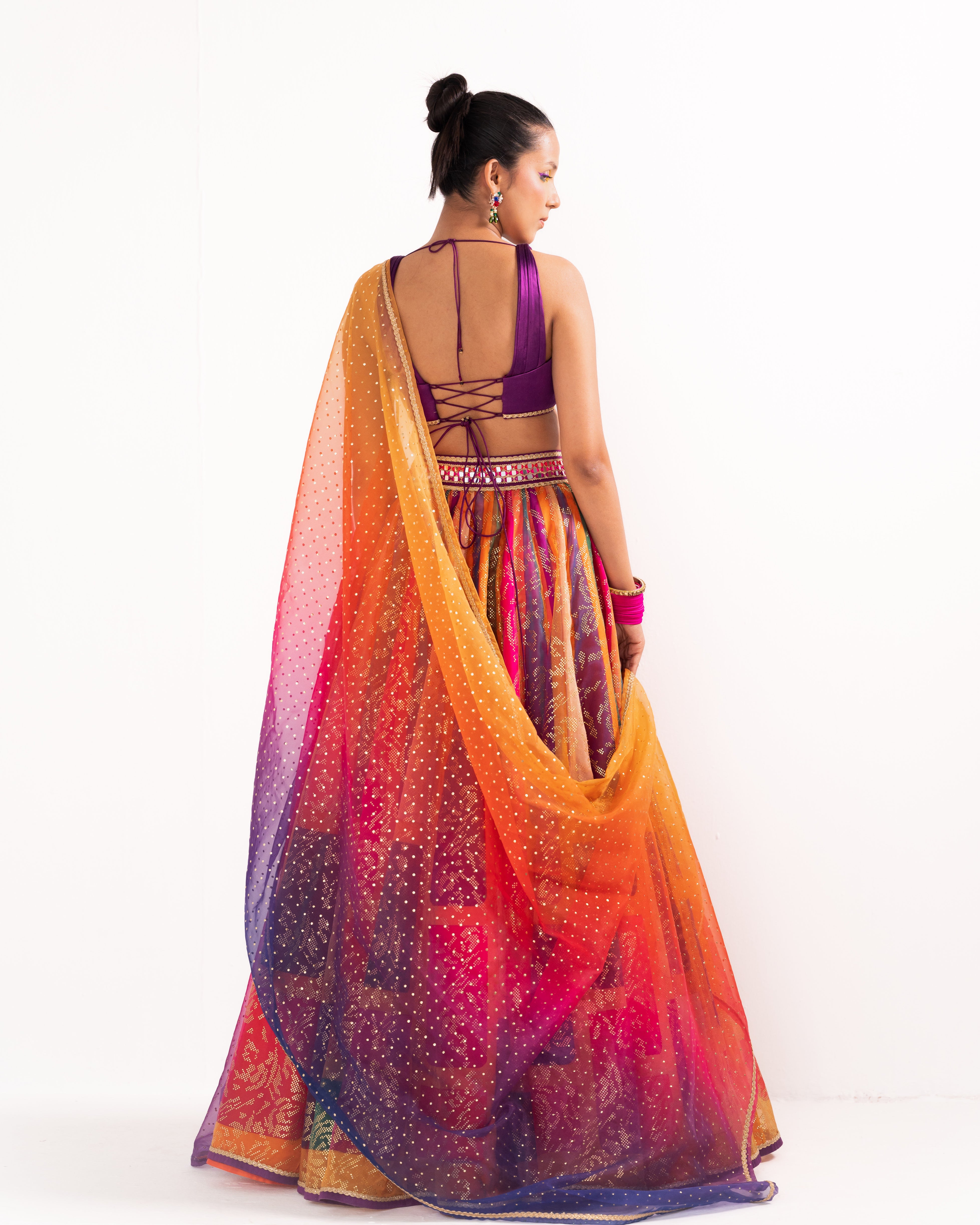 Multicolor printed blocks organza lehenga