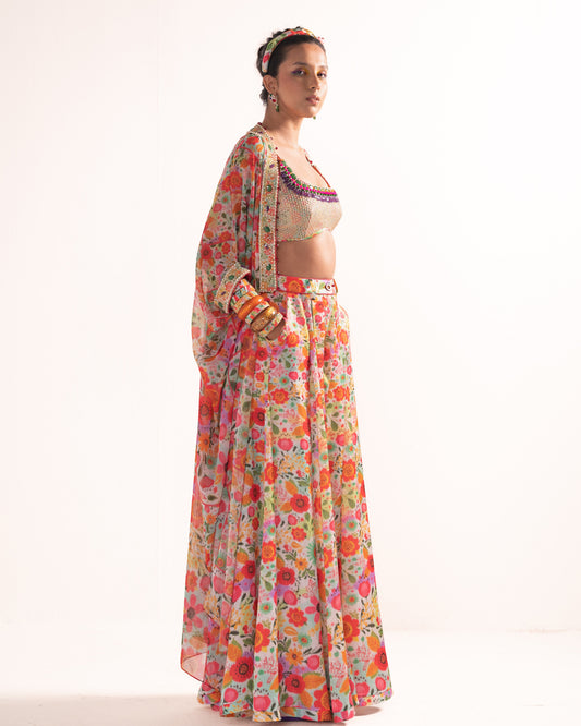 Multicolour floral print trouser kaftan set
