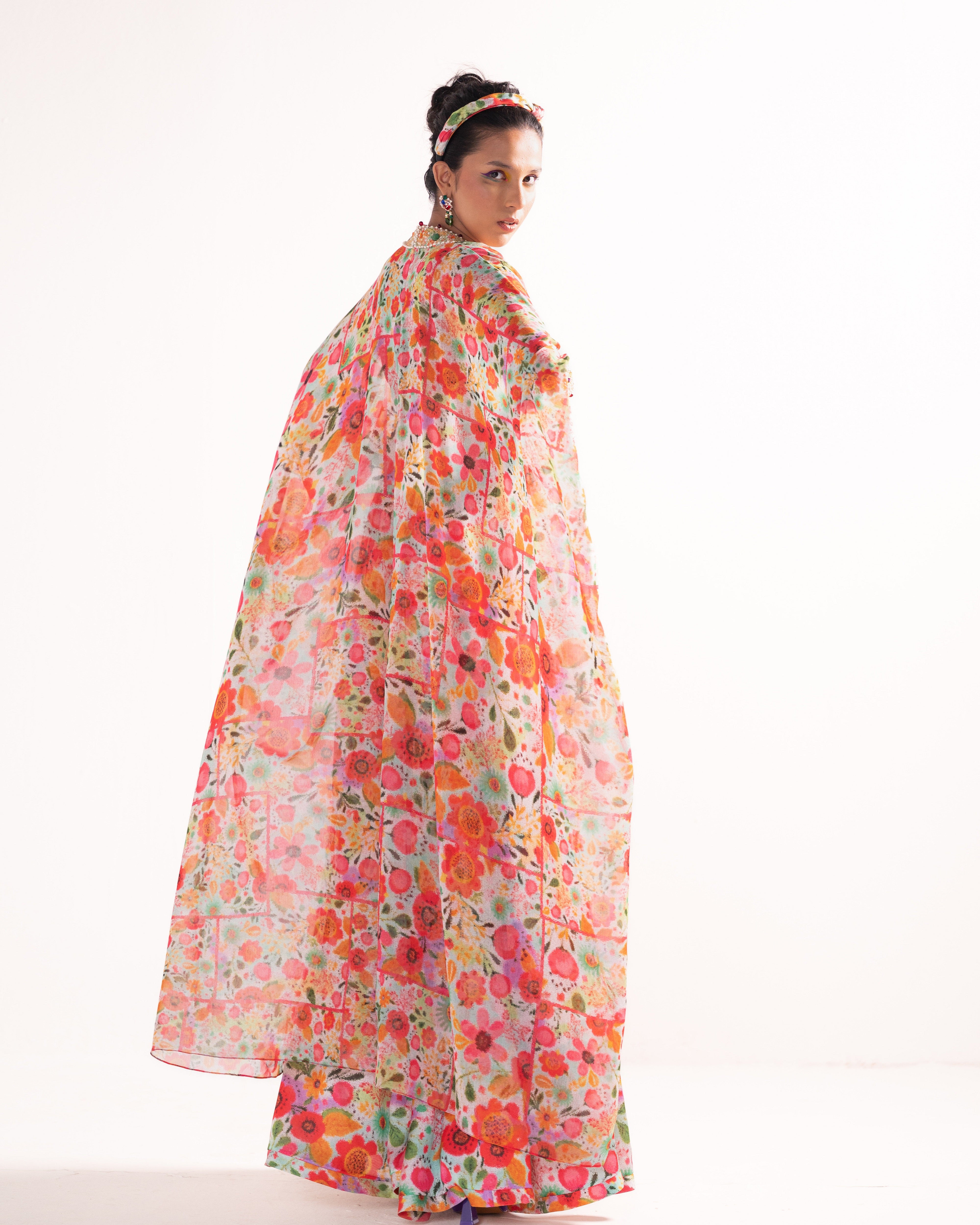 Multicolour floral print trouser kaftan set