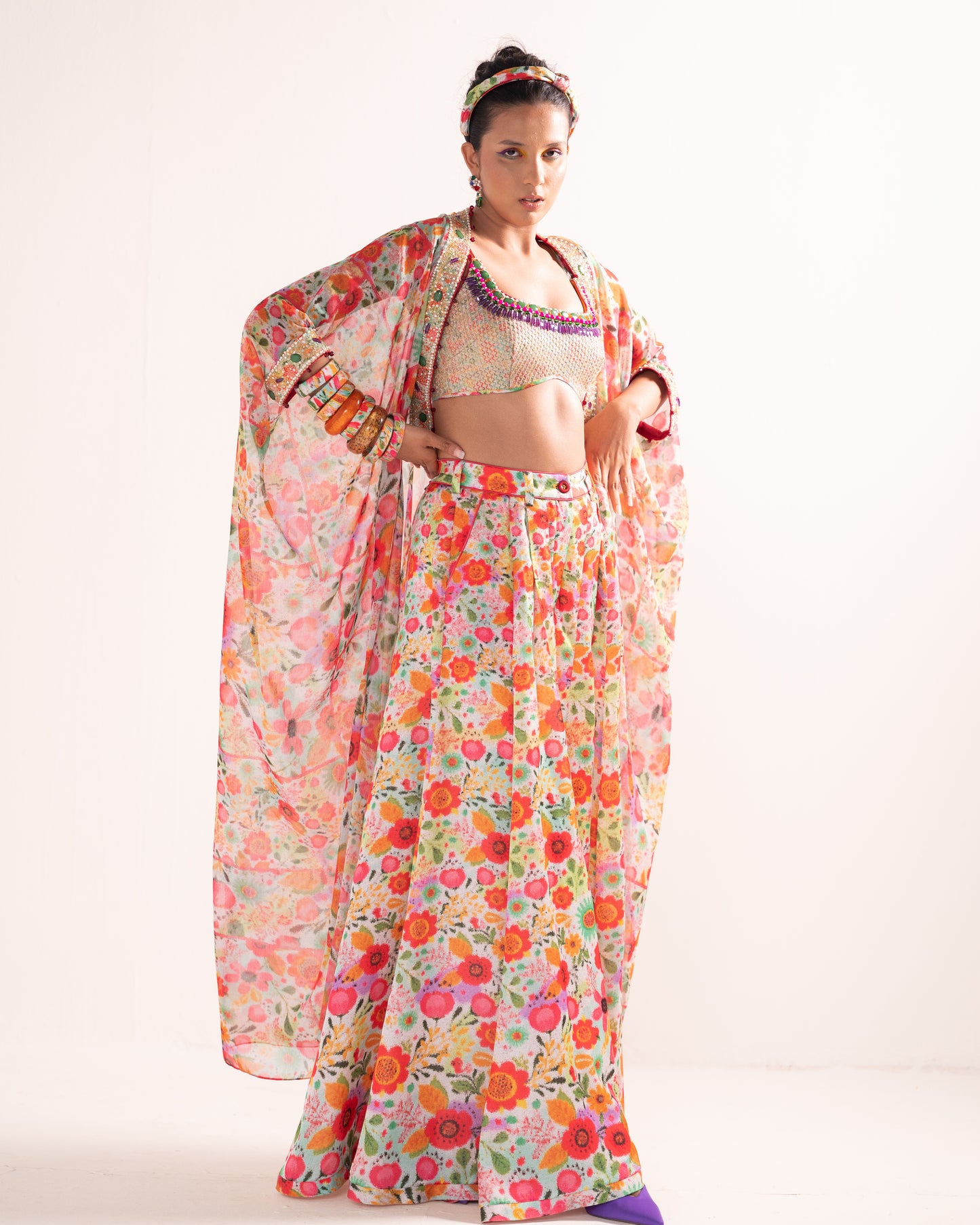 Multicolour floral print trouser kaftan set