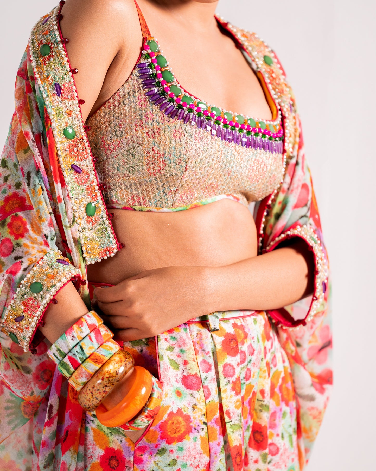 Multicolour floral print trouser kaftan set