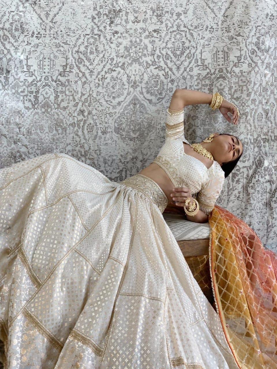 Ivory chanderi brocade lehenga