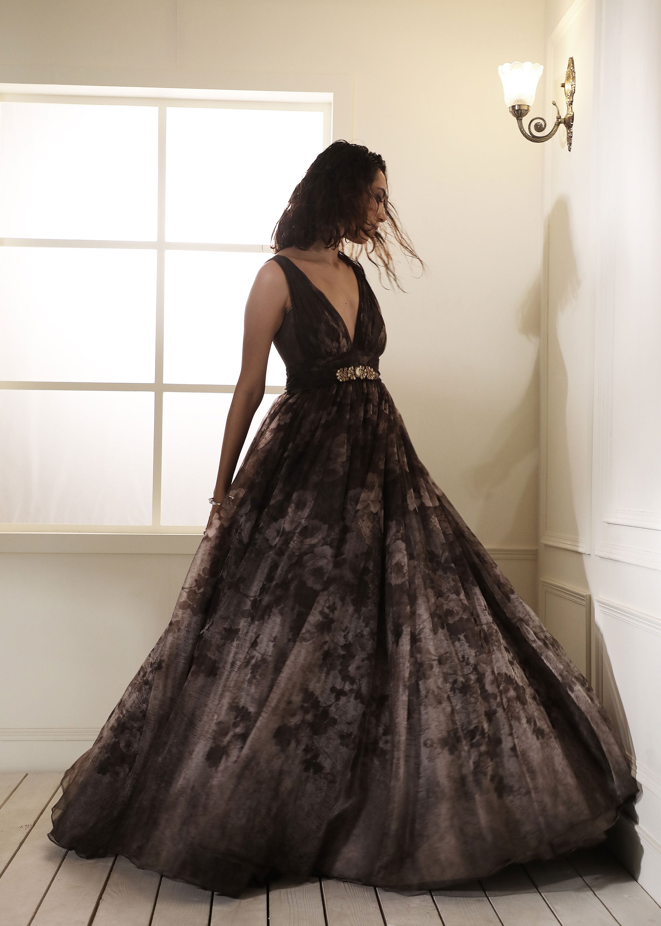 Floral and text print organza gown